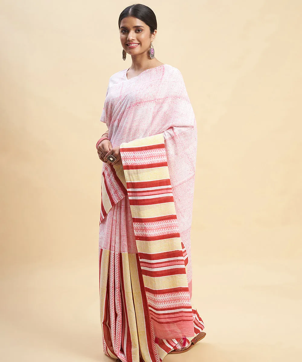 Pink yellow cotton hand block sanganeri printed saree