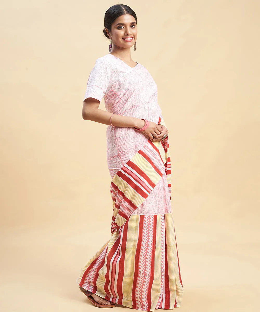 Pink yellow cotton hand block sanganeri printed saree