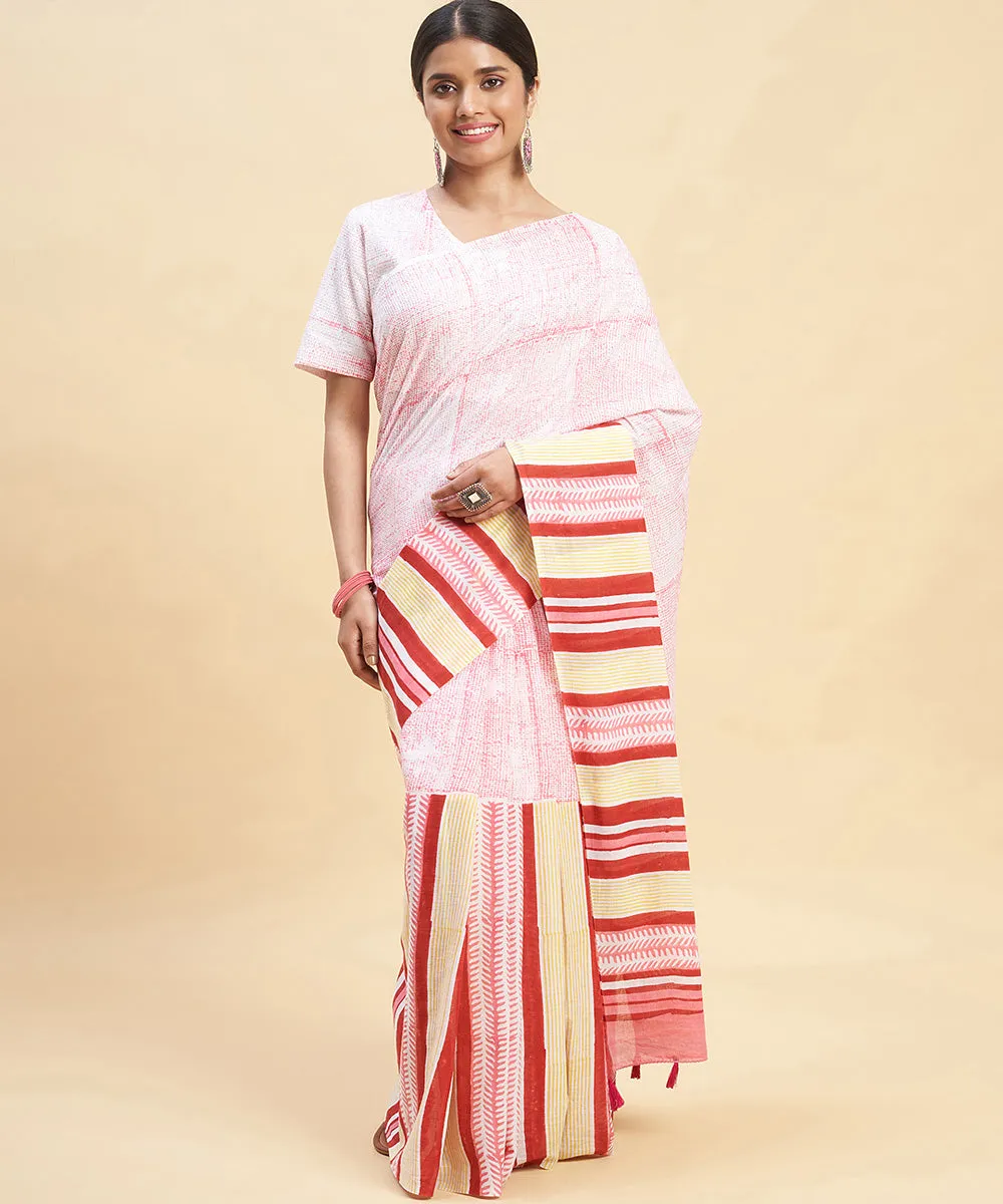 Pink yellow cotton hand block sanganeri printed saree