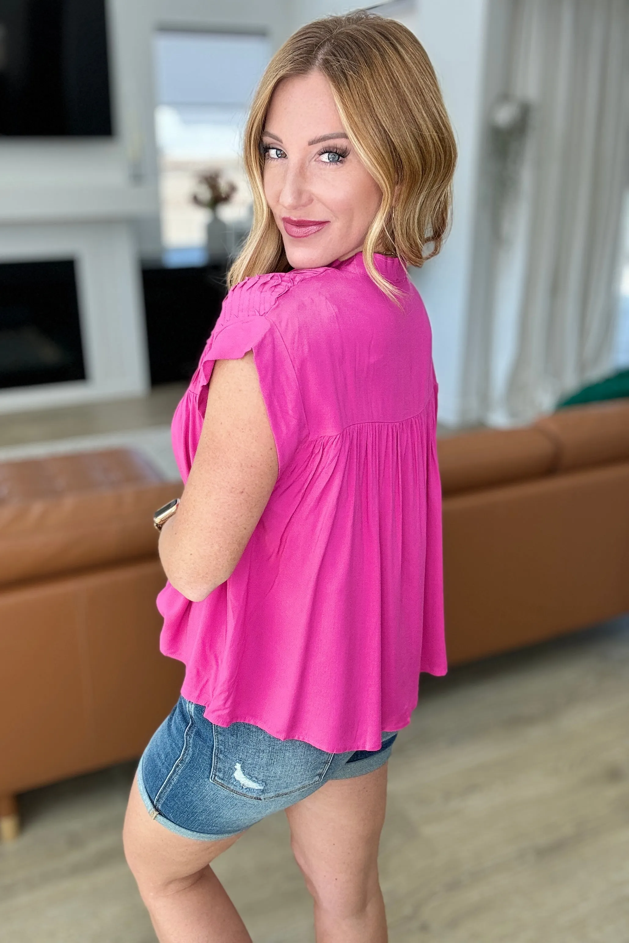 Pleat Detail Button Up Blouse in Hot Pink - 4/24