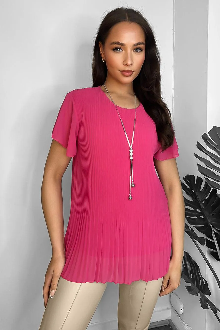 Pleated Chiffon Long Necklace Included Short Sleeve Blouse