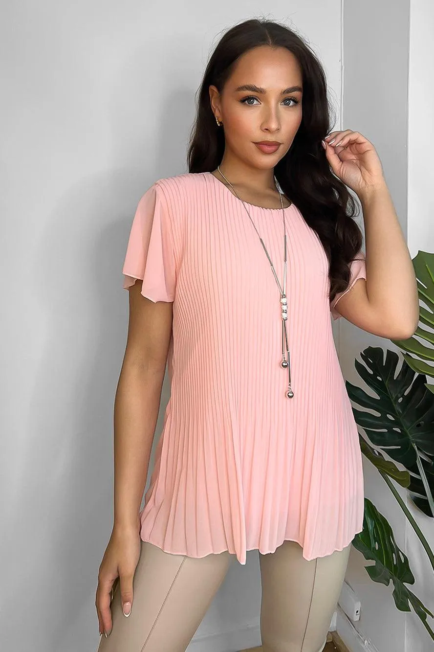 Pleated Chiffon Long Necklace Included Short Sleeve Blouse