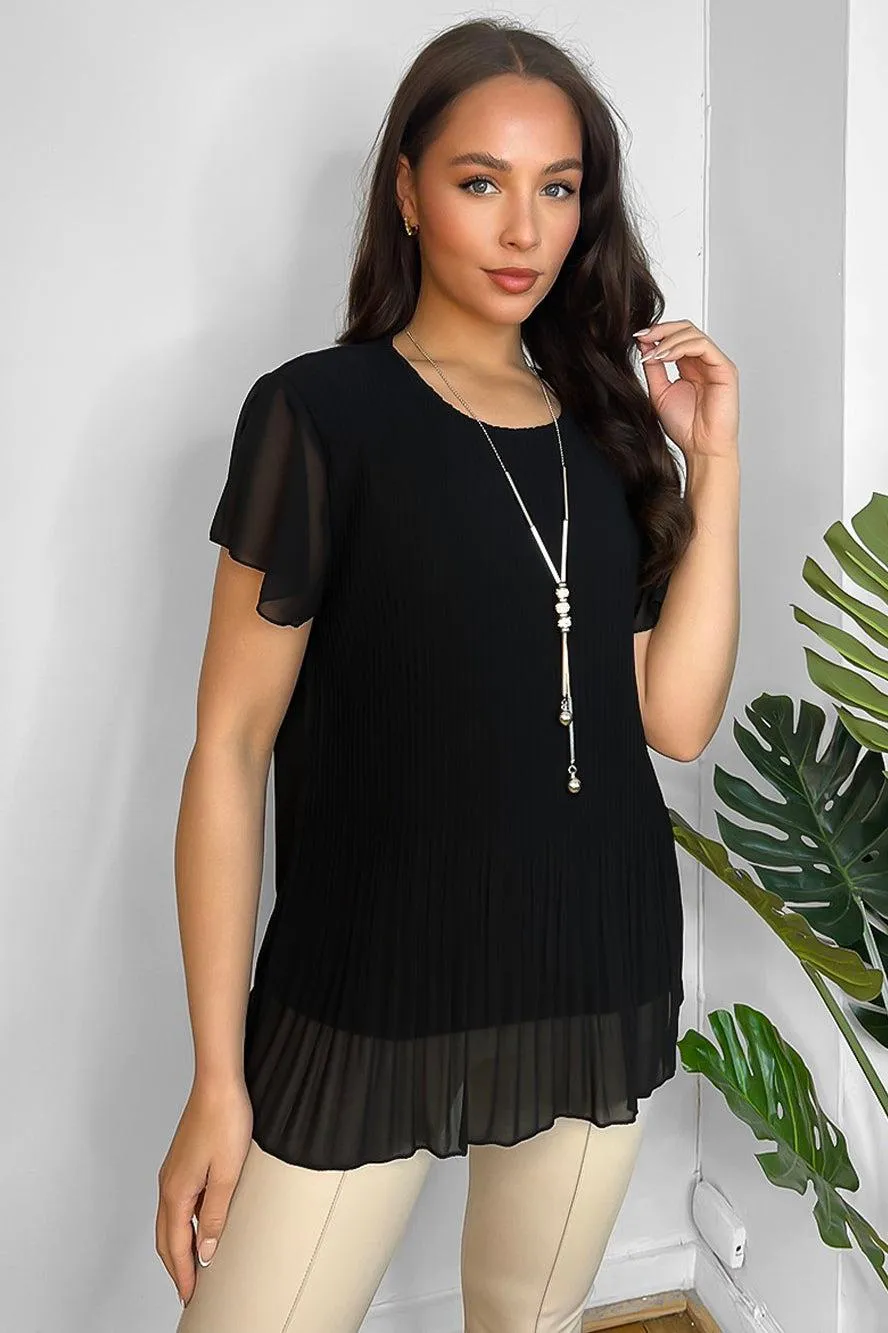 Pleated Chiffon Long Necklace Included Short Sleeve Blouse