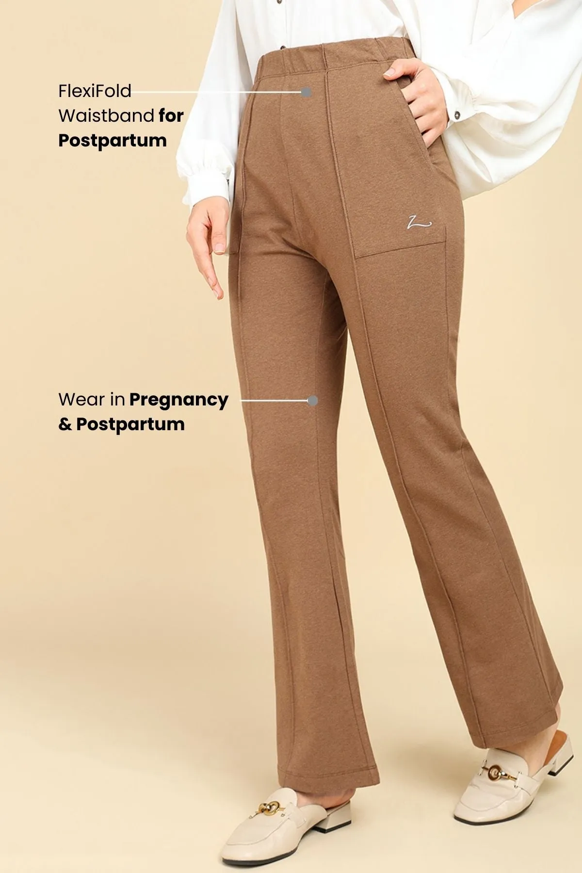 Pleated Cotton Melange Brown Maternity Pants (Pregnancy & Postpartum)