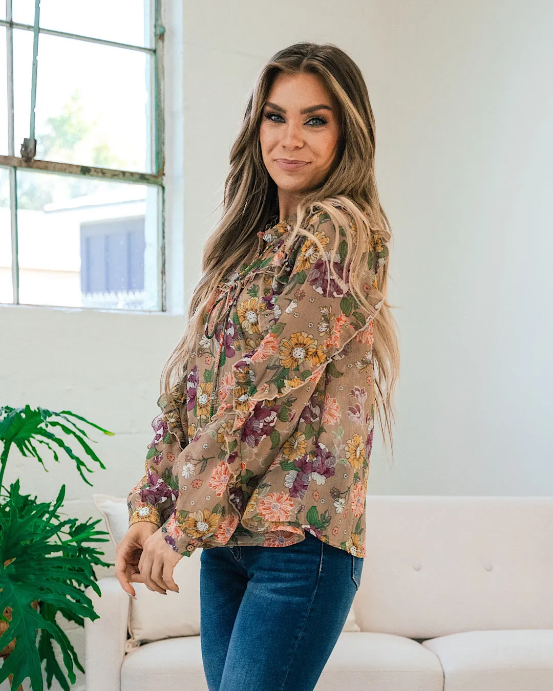 Rachel Sheer Taupe Floral Blouse