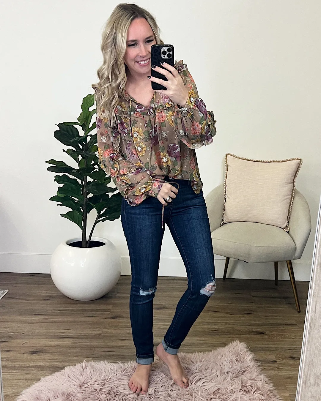 Rachel Sheer Taupe Floral Blouse