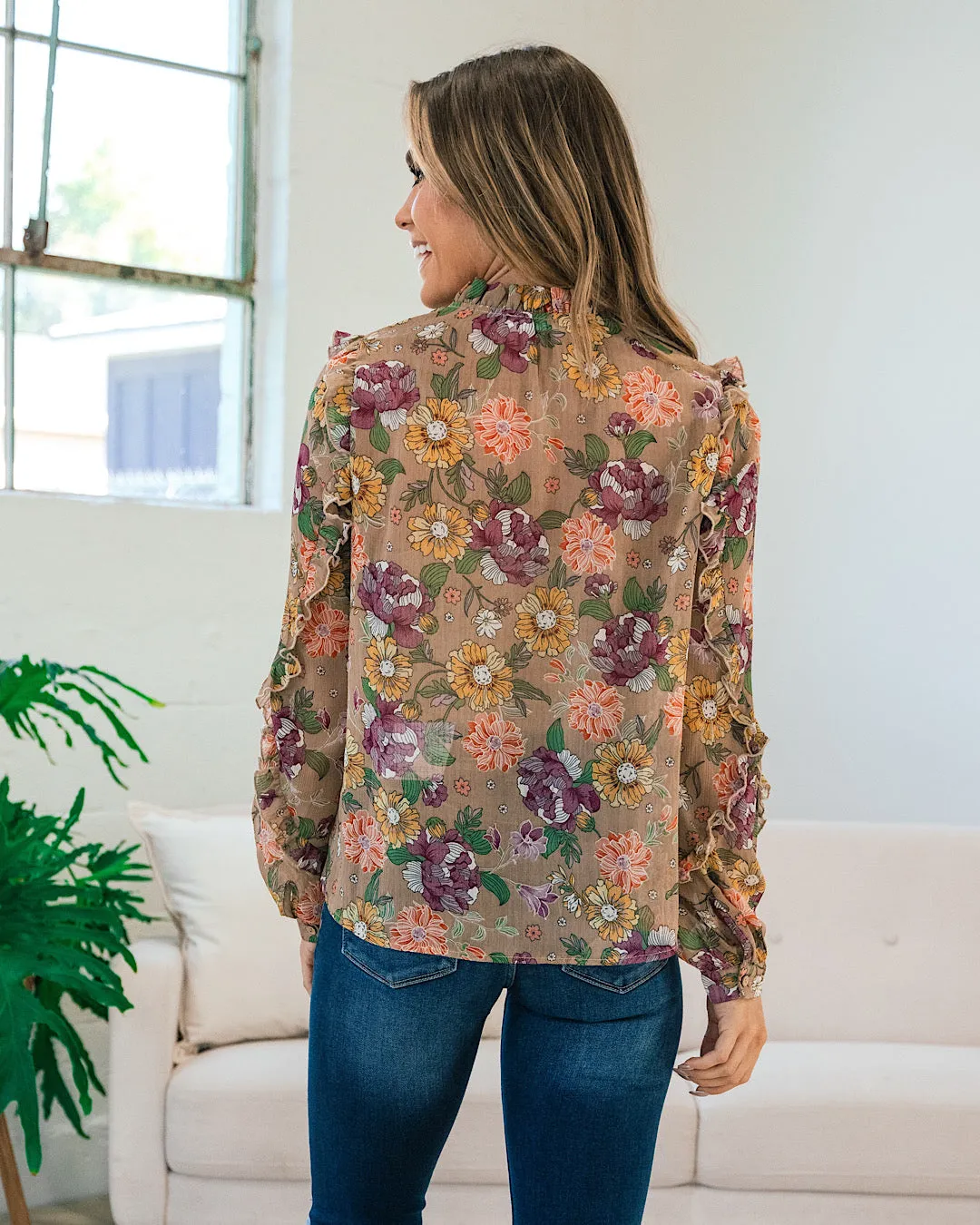 Rachel Sheer Taupe Floral Blouse