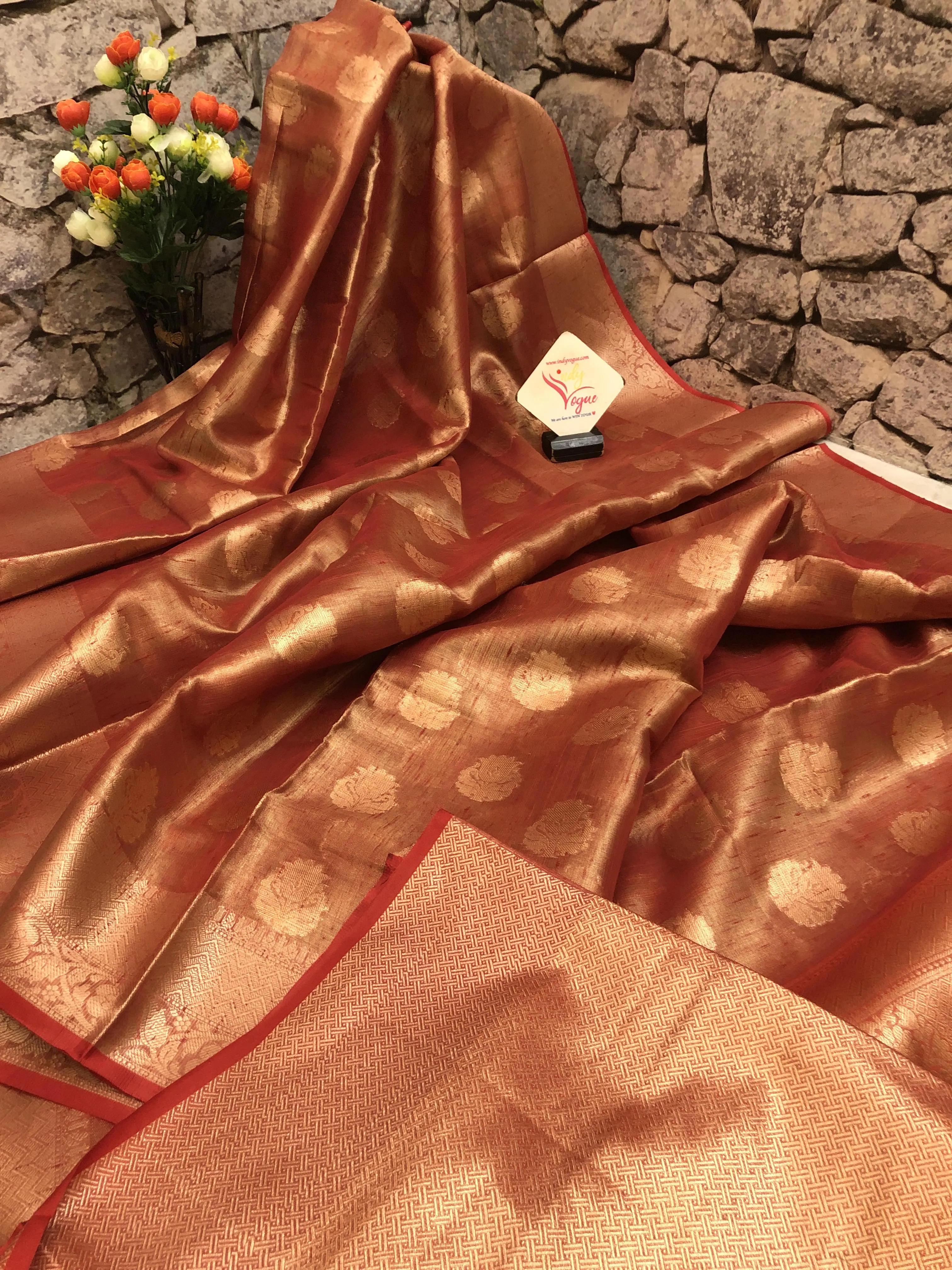 Red Golden Color Tissue Banarasi Saree with Zari Work