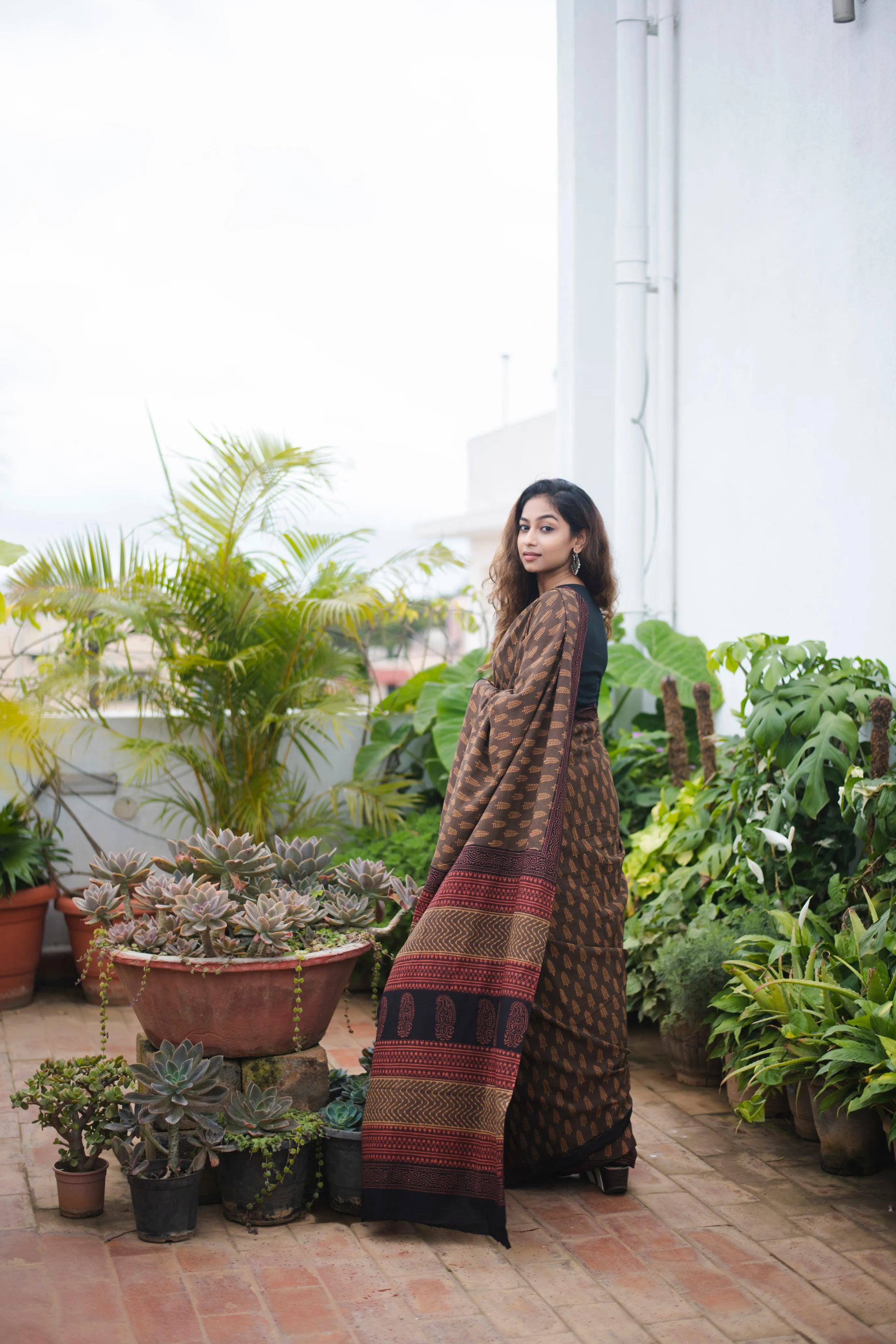 Roheda Brown natural dyed handblock printed  Bagru saree