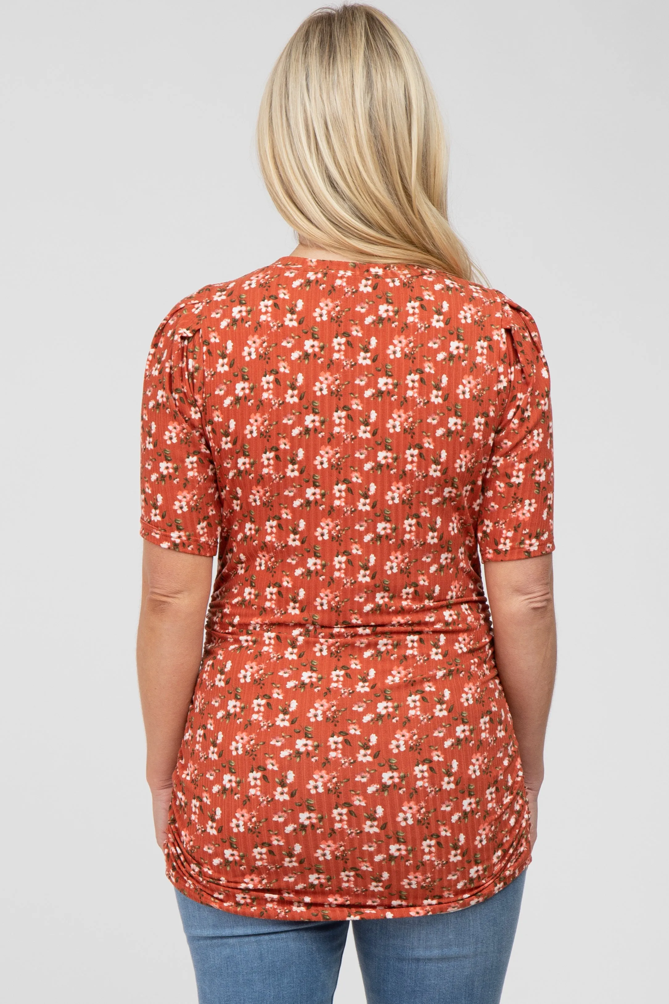 Rust Floral Ruched Ribbed Maternity Top