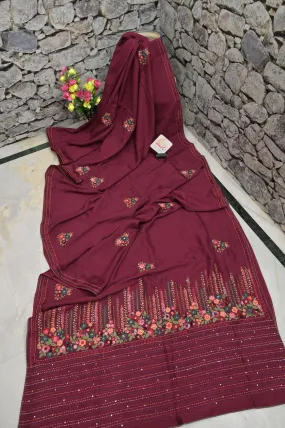 Sangria Color Chanderi Saree with Hand Embroidery and Bullion Piping Border