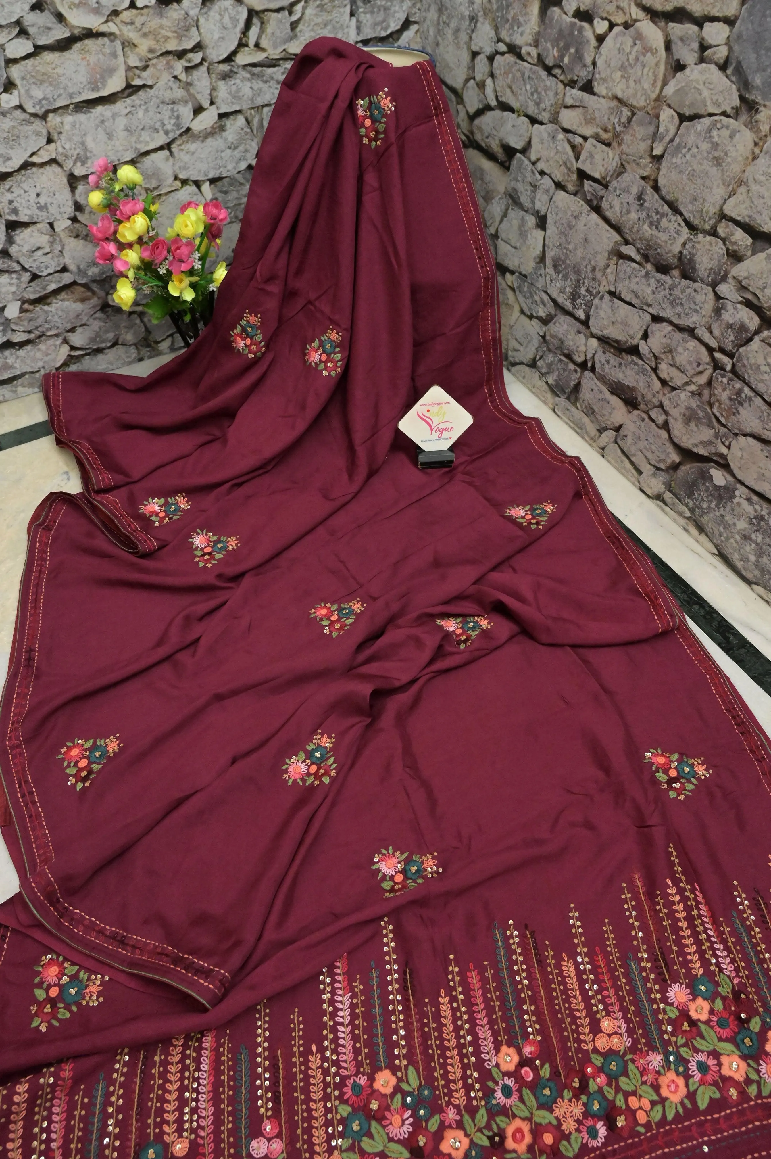 Sangria Color Chanderi Saree with Hand Embroidery and Bullion Piping Border