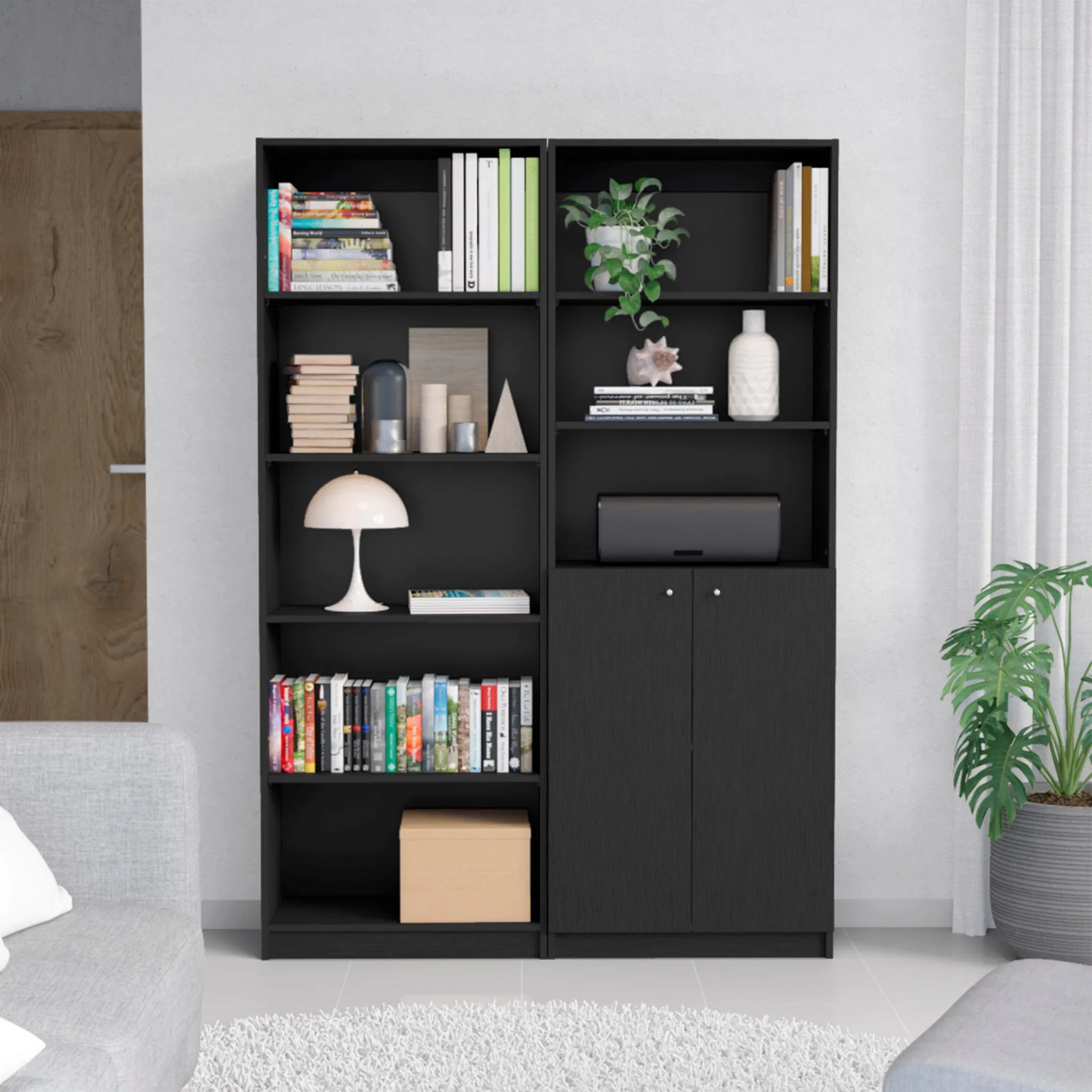 Set of Two 71 Black Five Tier Bookcase With Two Doors