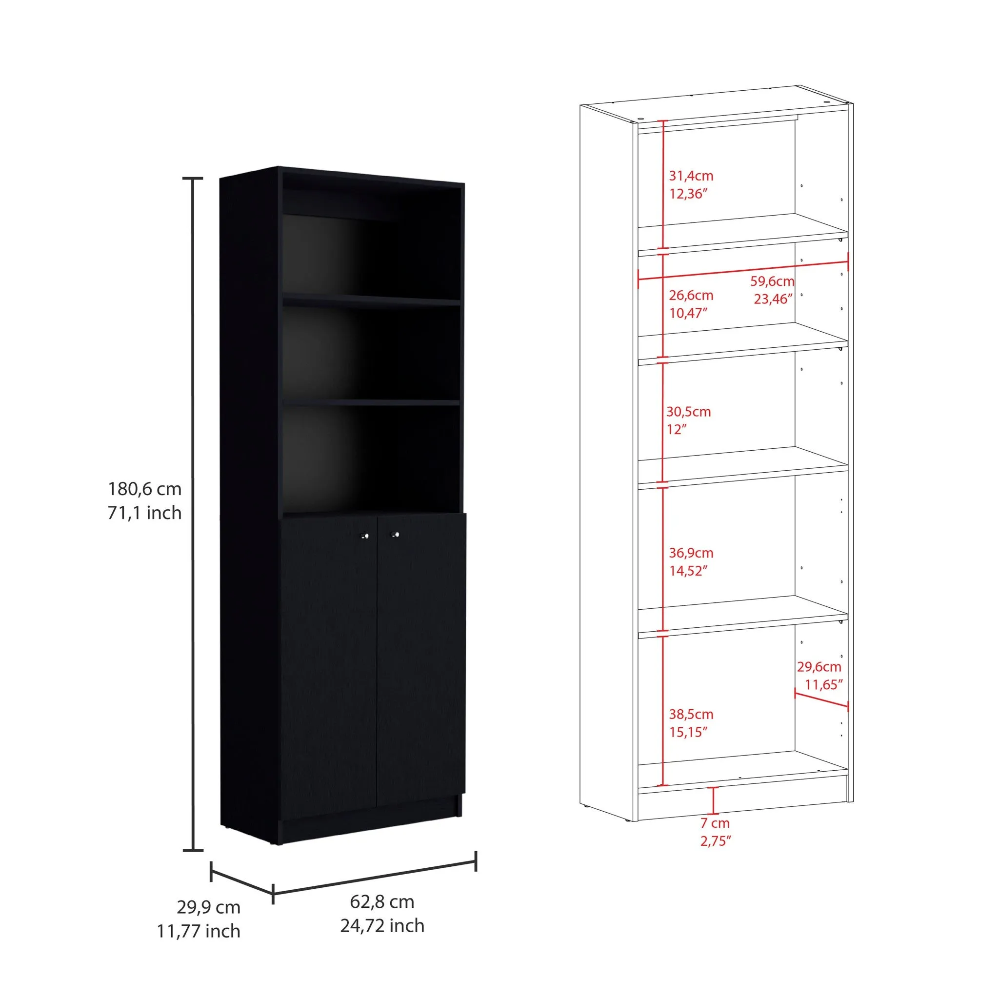 Set of Two 71 Black Five Tier Bookcase With Two Doors