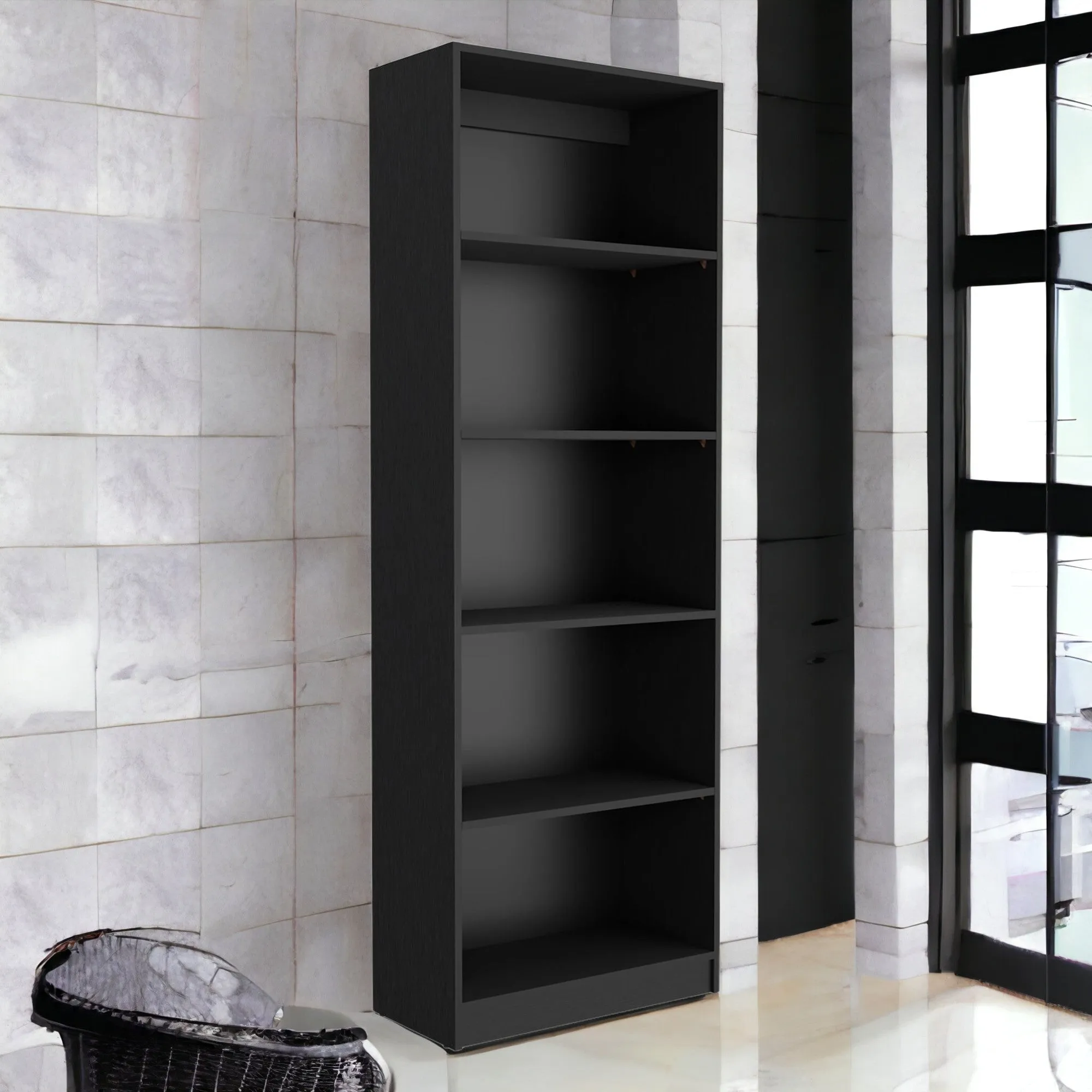 Set of Two 71 Black Five Tier Bookcase With Two Doors