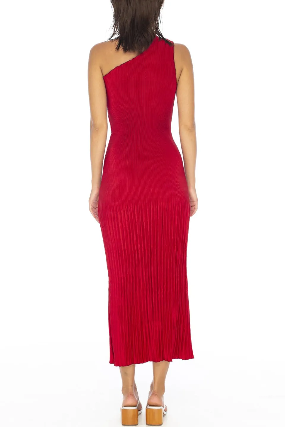 Soiree One Shoulder Pleated Rouge Midi Dress