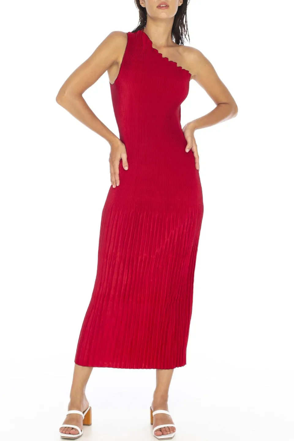 Soiree One Shoulder Pleated Rouge Midi Dress