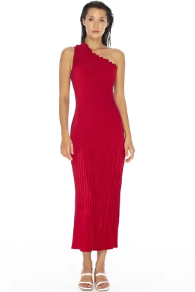 Soiree One Shoulder Pleated Rouge Midi Dress