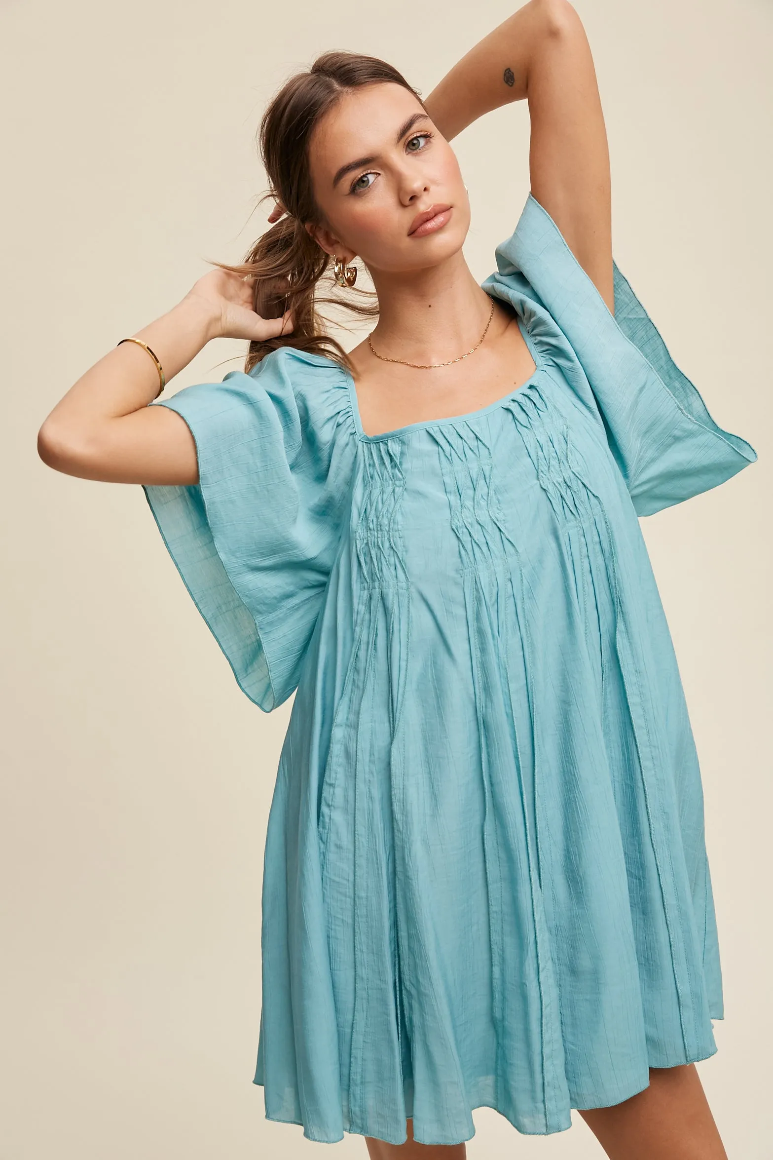 Square Neck Ruffled Design Babydoll Dress