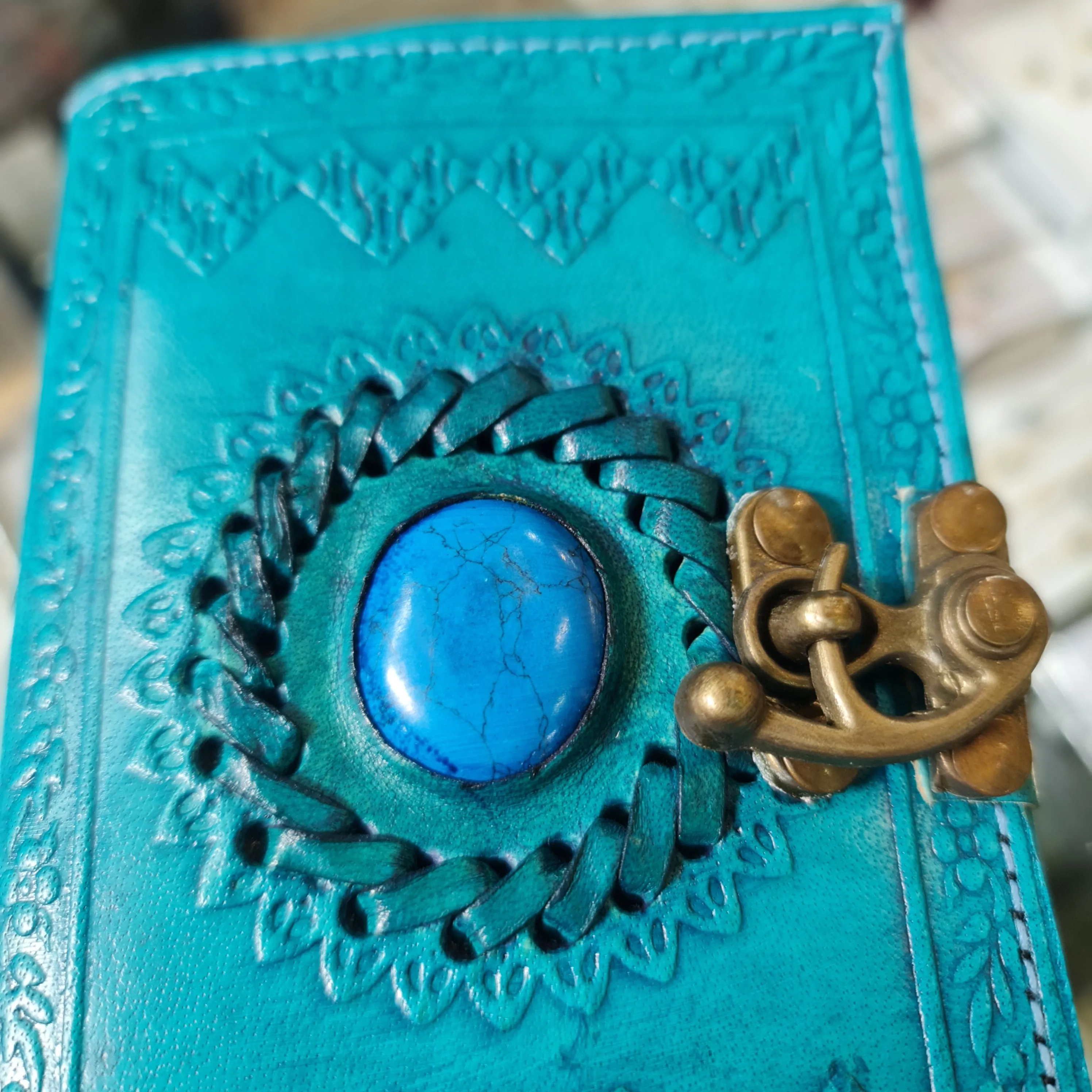 Stone Leather Etched Journal Turquoise or Blue Lapis Lazuli