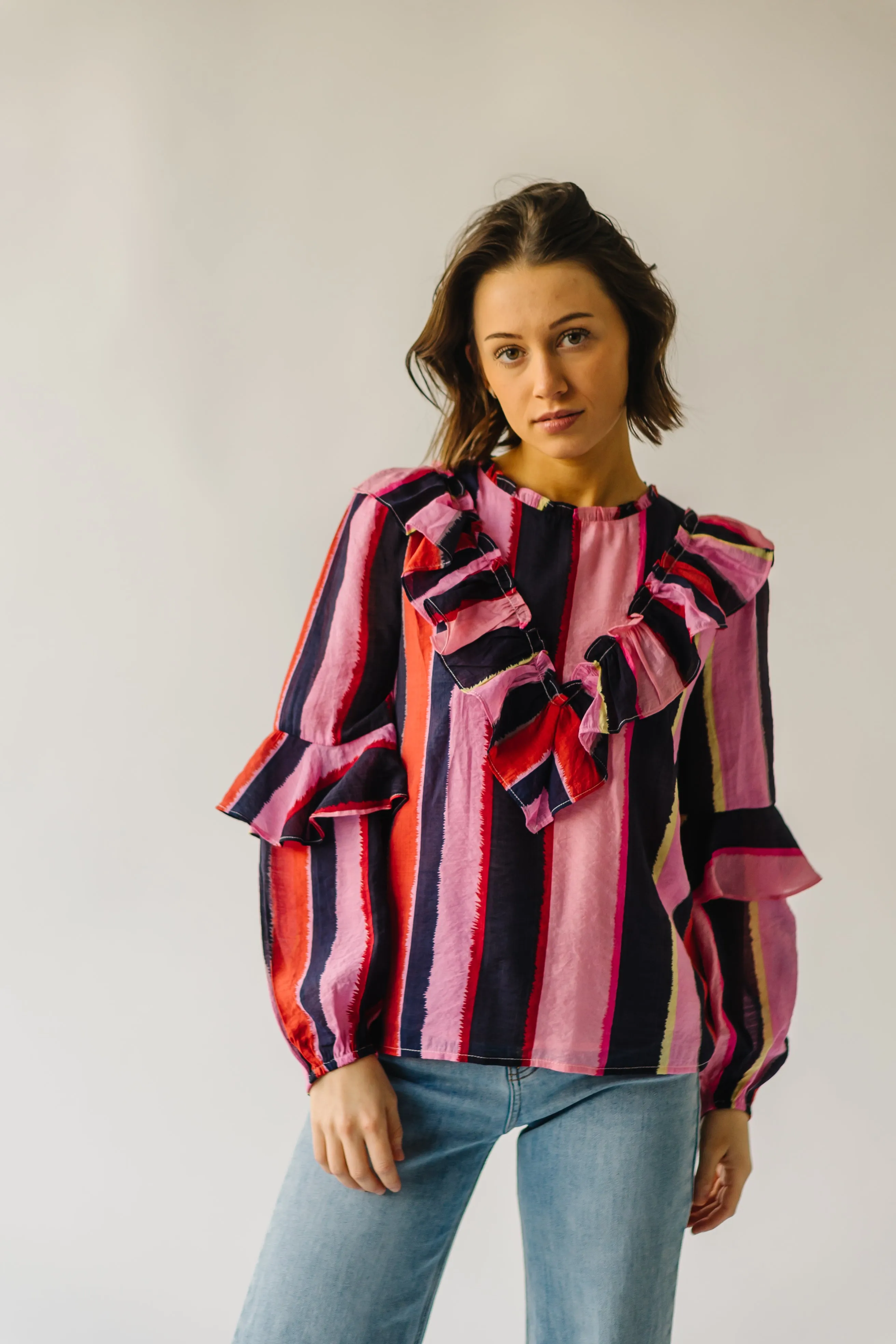 The Belterra Ruffle Detail Blouse in Pink Stripe