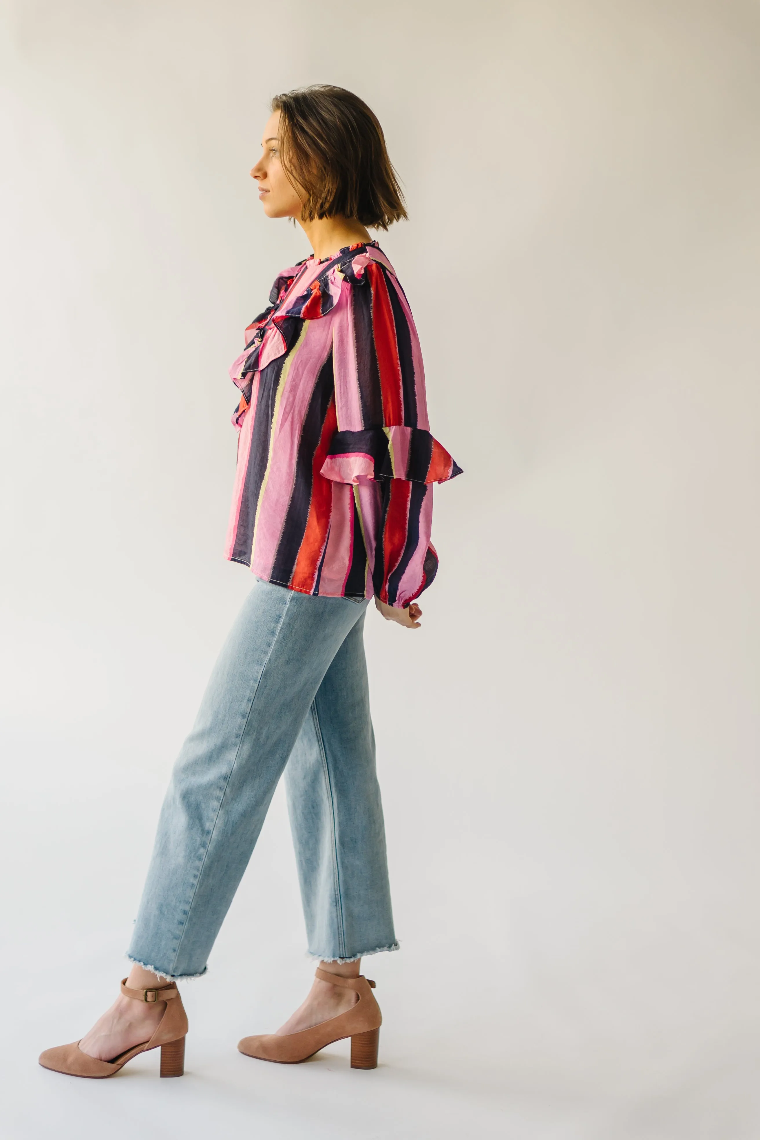 The Belterra Ruffle Detail Blouse in Pink Stripe