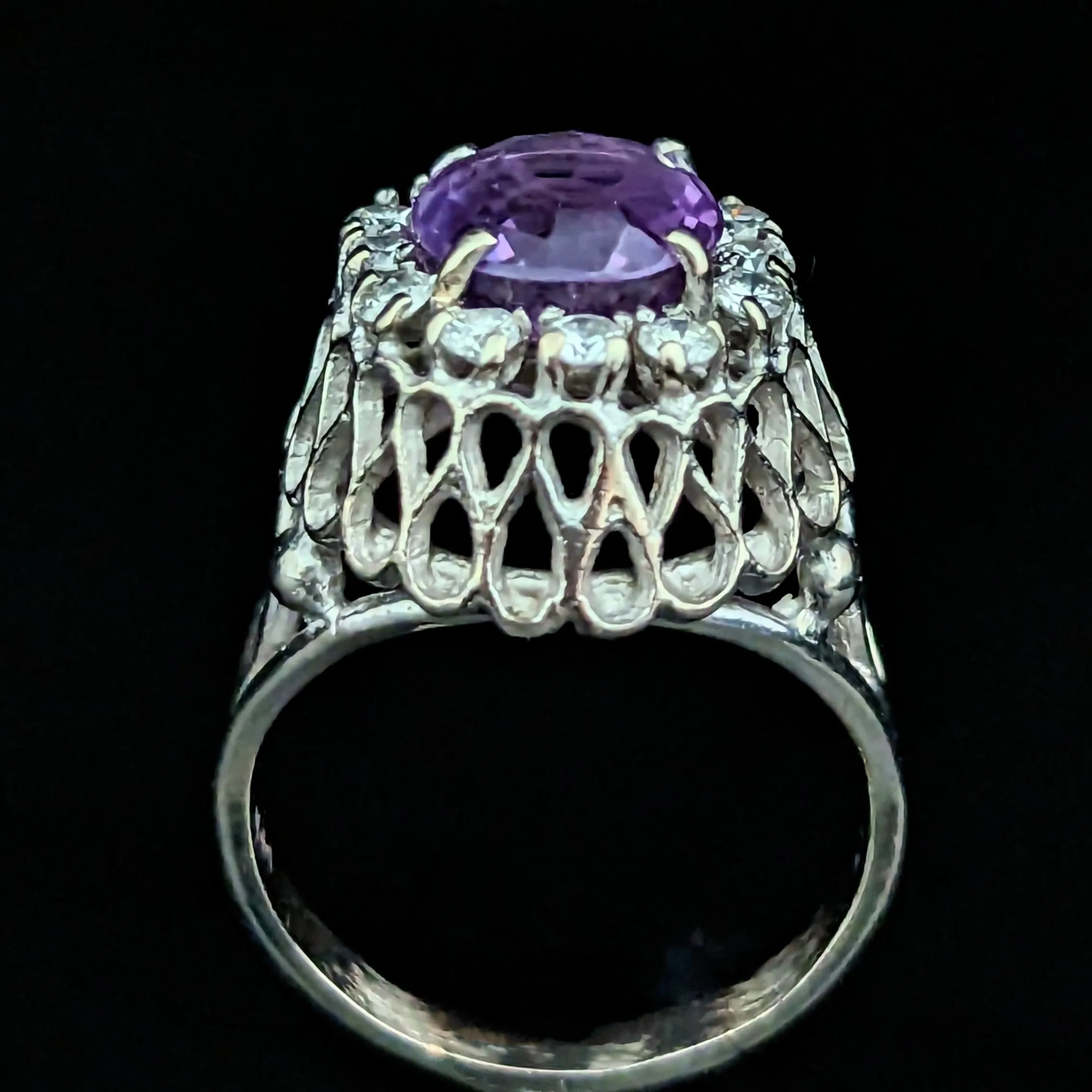 The Greendale - Vintage Amethyst Diamond 14k Gold Dome Ring c.1950s