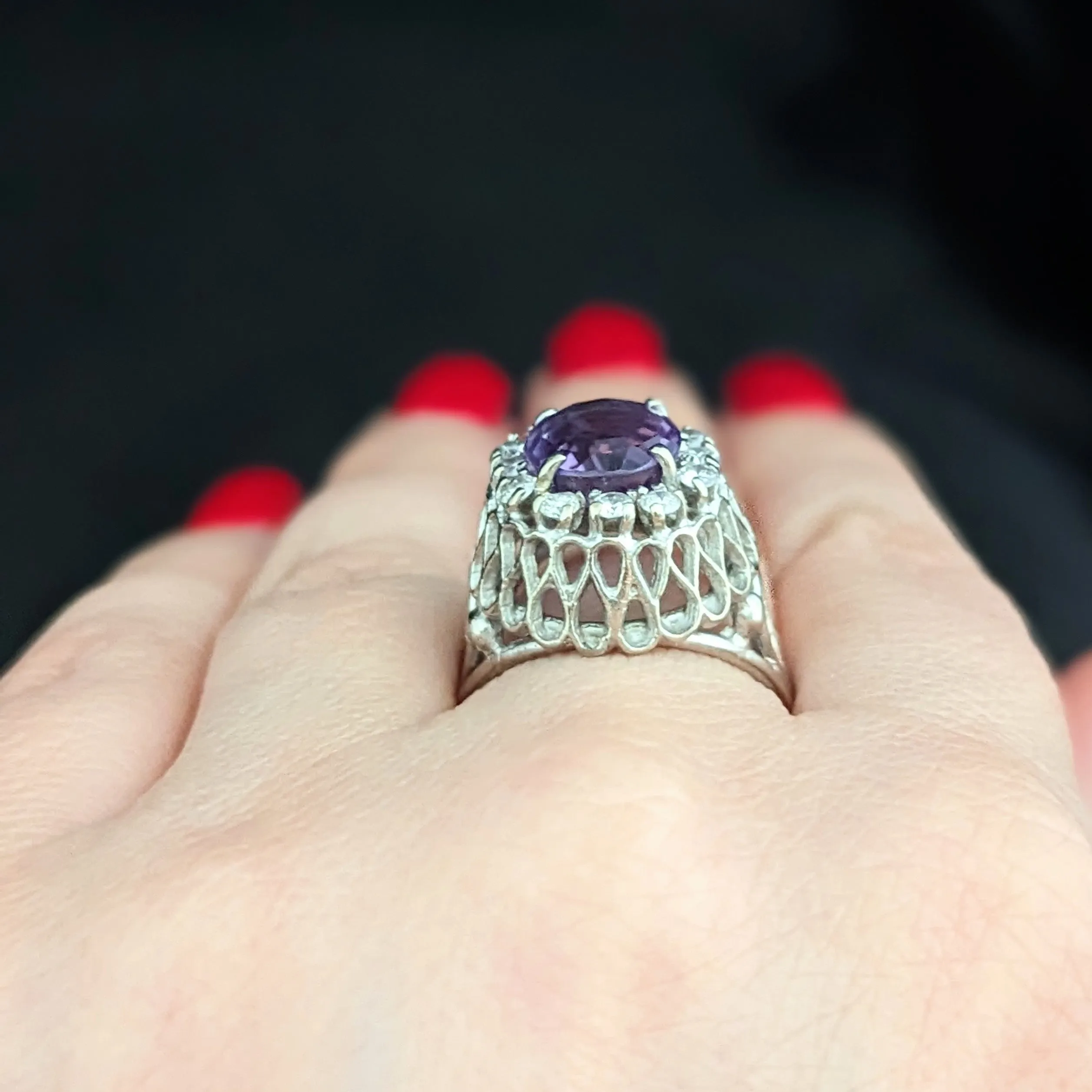 The Greendale - Vintage Amethyst Diamond 14k Gold Dome Ring c.1950s