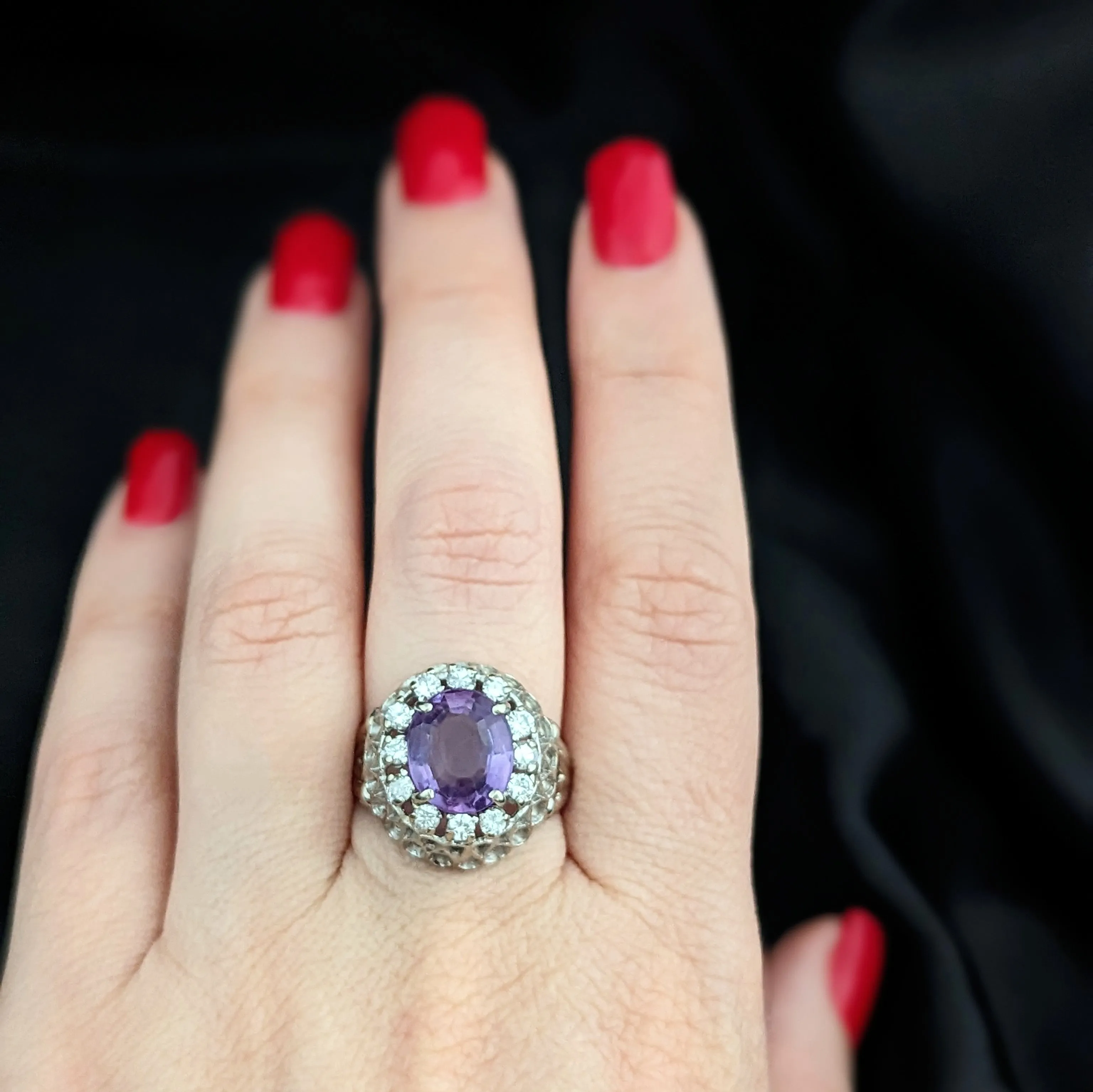 The Greendale - Vintage Amethyst Diamond 14k Gold Dome Ring c.1950s