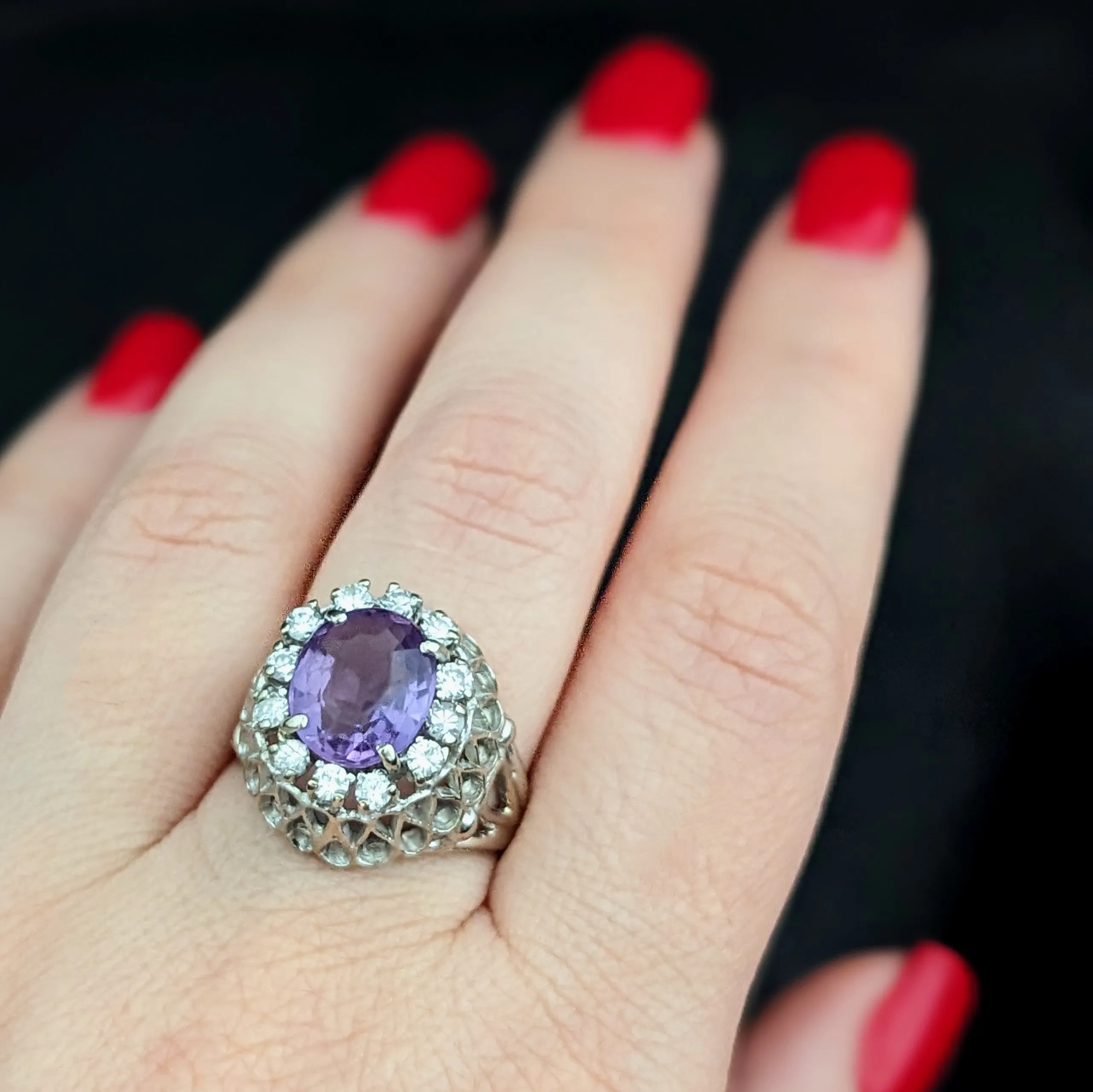 The Greendale - Vintage Amethyst Diamond 14k Gold Dome Ring c.1950s