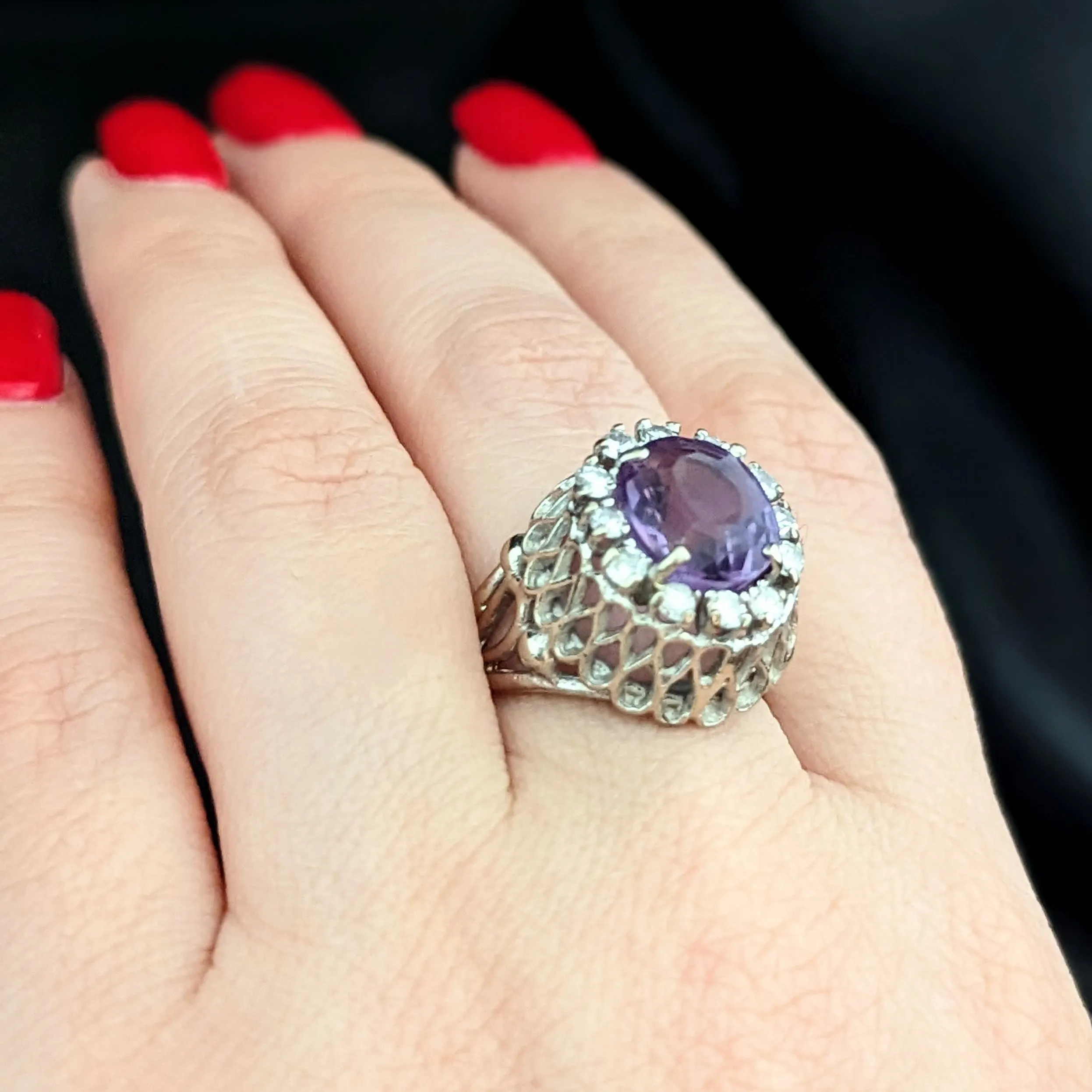 The Greendale - Vintage Amethyst Diamond 14k Gold Dome Ring c.1950s