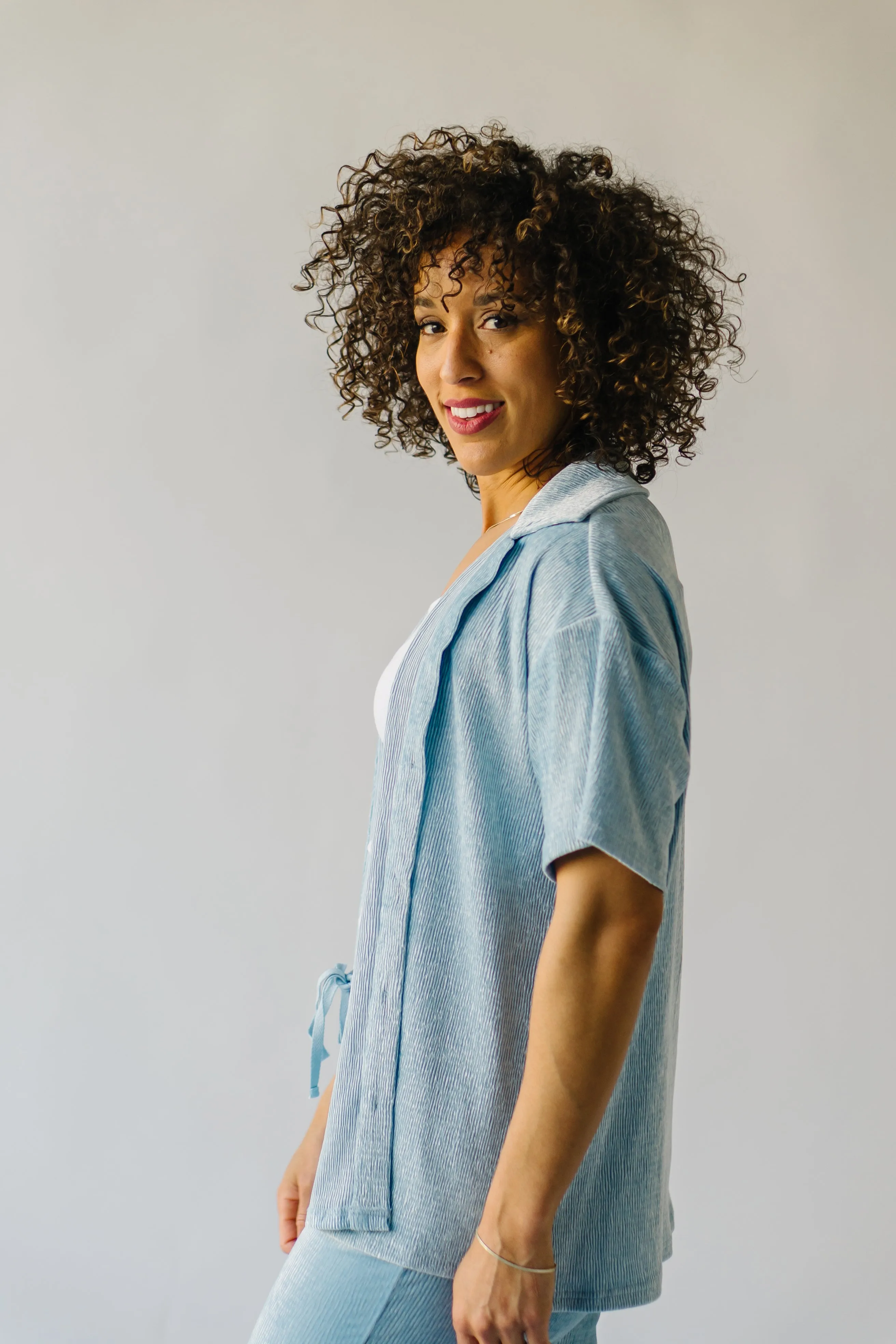 The McCleary Textured Button-Up Blouse in Blue Velvet