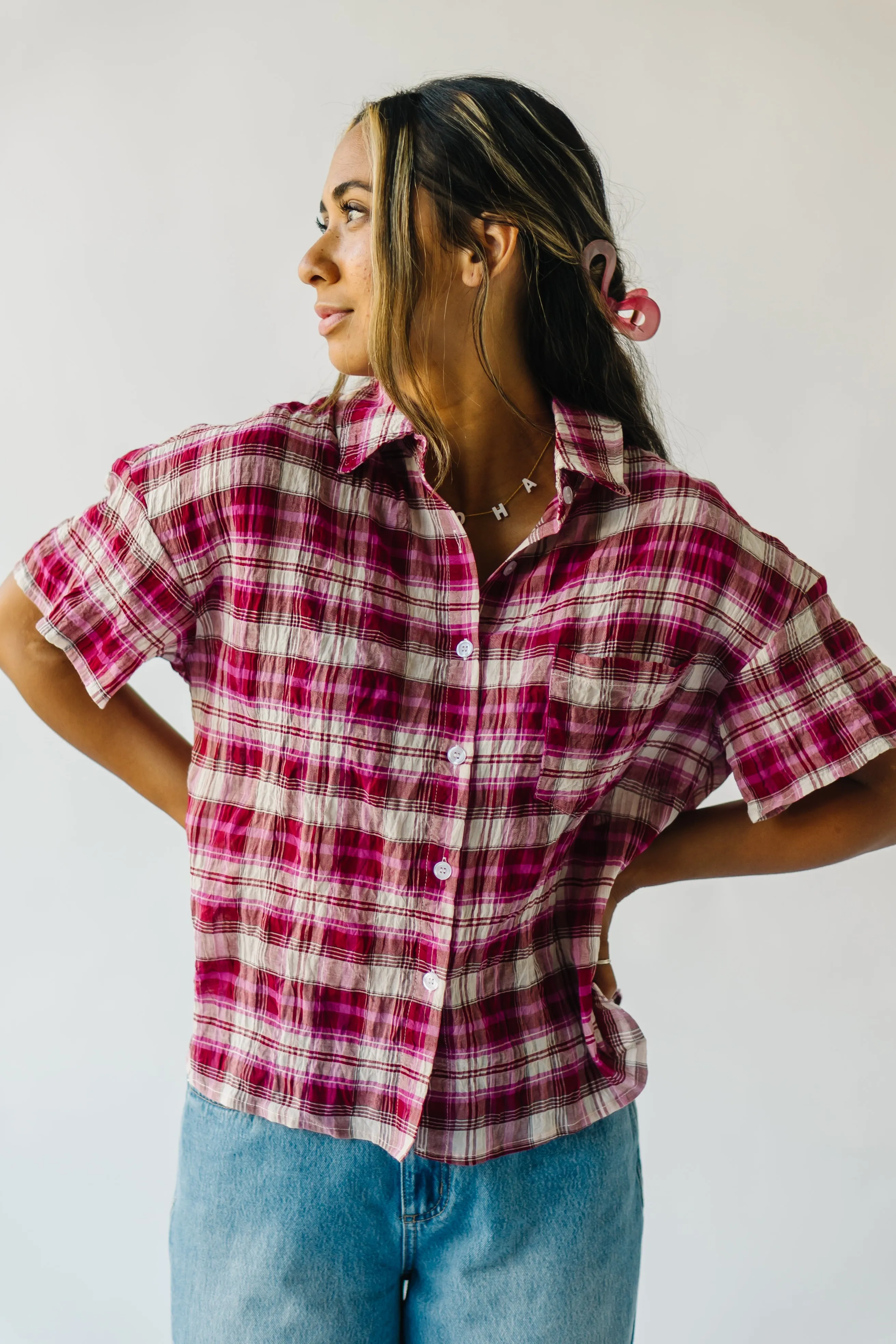 The Motley Checkered Blouse in Fuchsia