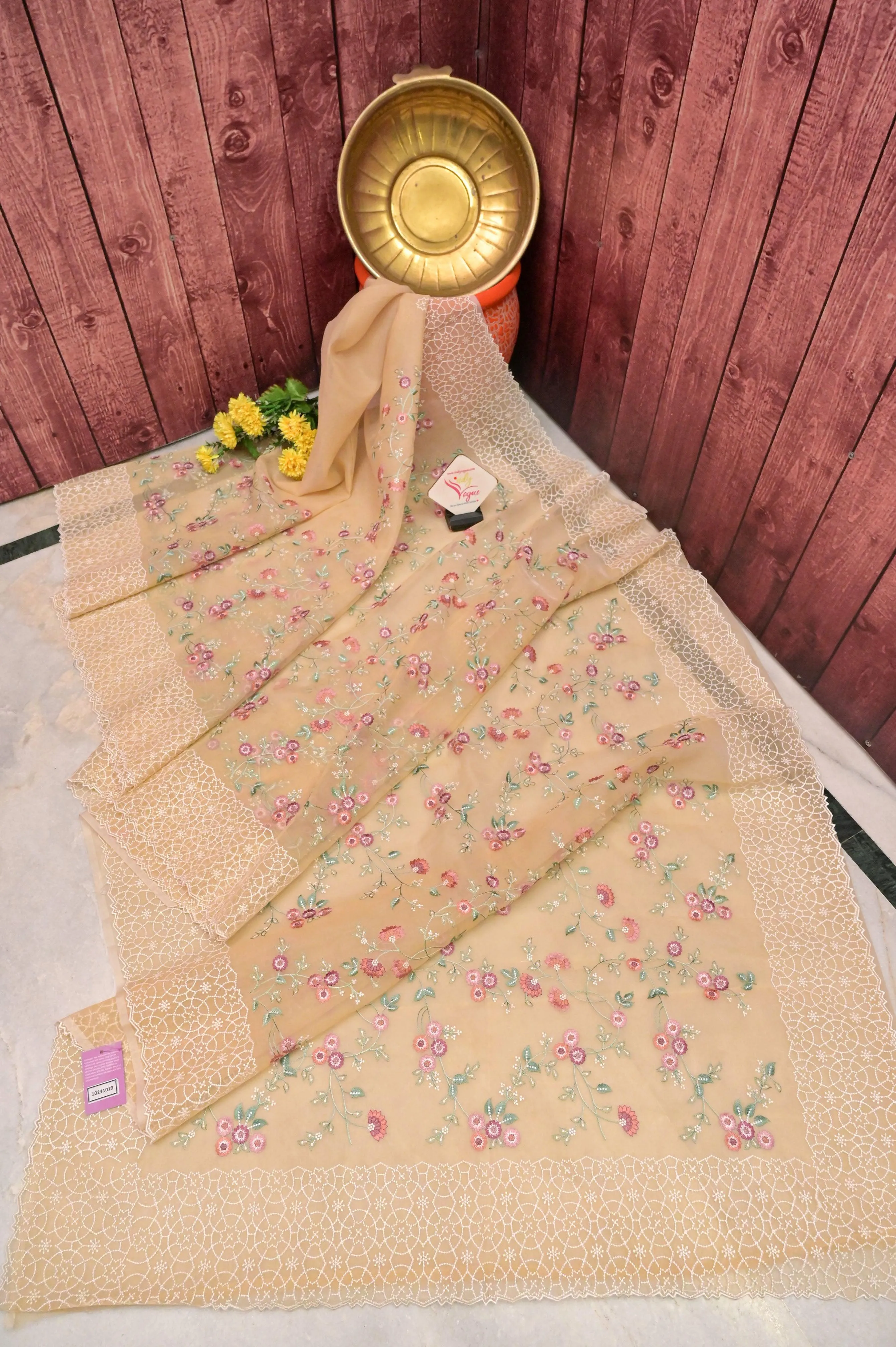 Tussar Color Organza Saree with Machine Embroidery