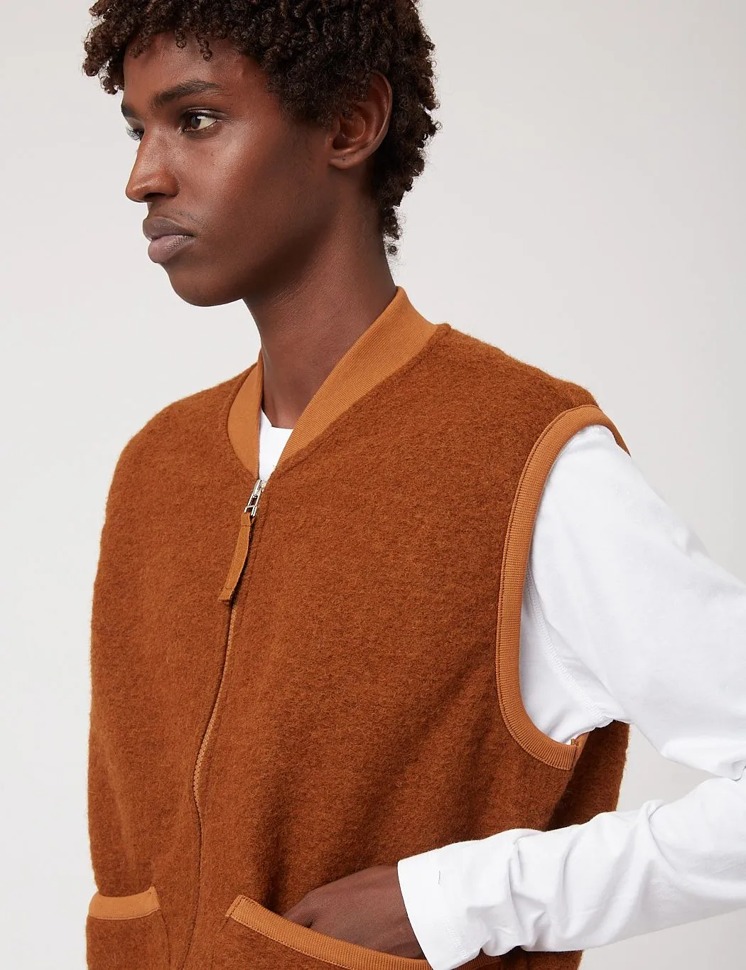 Universal Works Zip Waistcoat (Wool Fleece) - Rust Brown