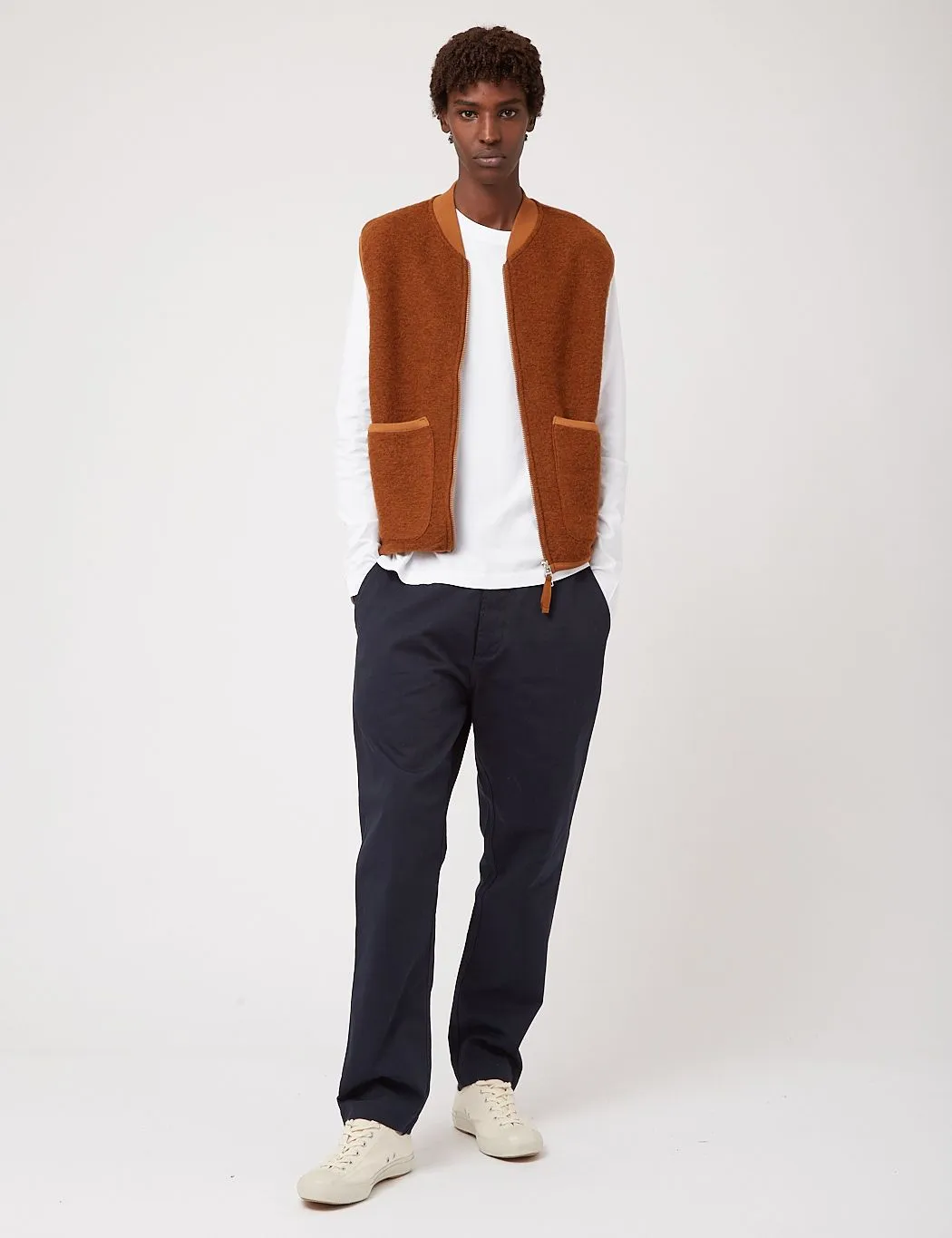 Universal Works Zip Waistcoat (Wool Fleece) - Rust Brown