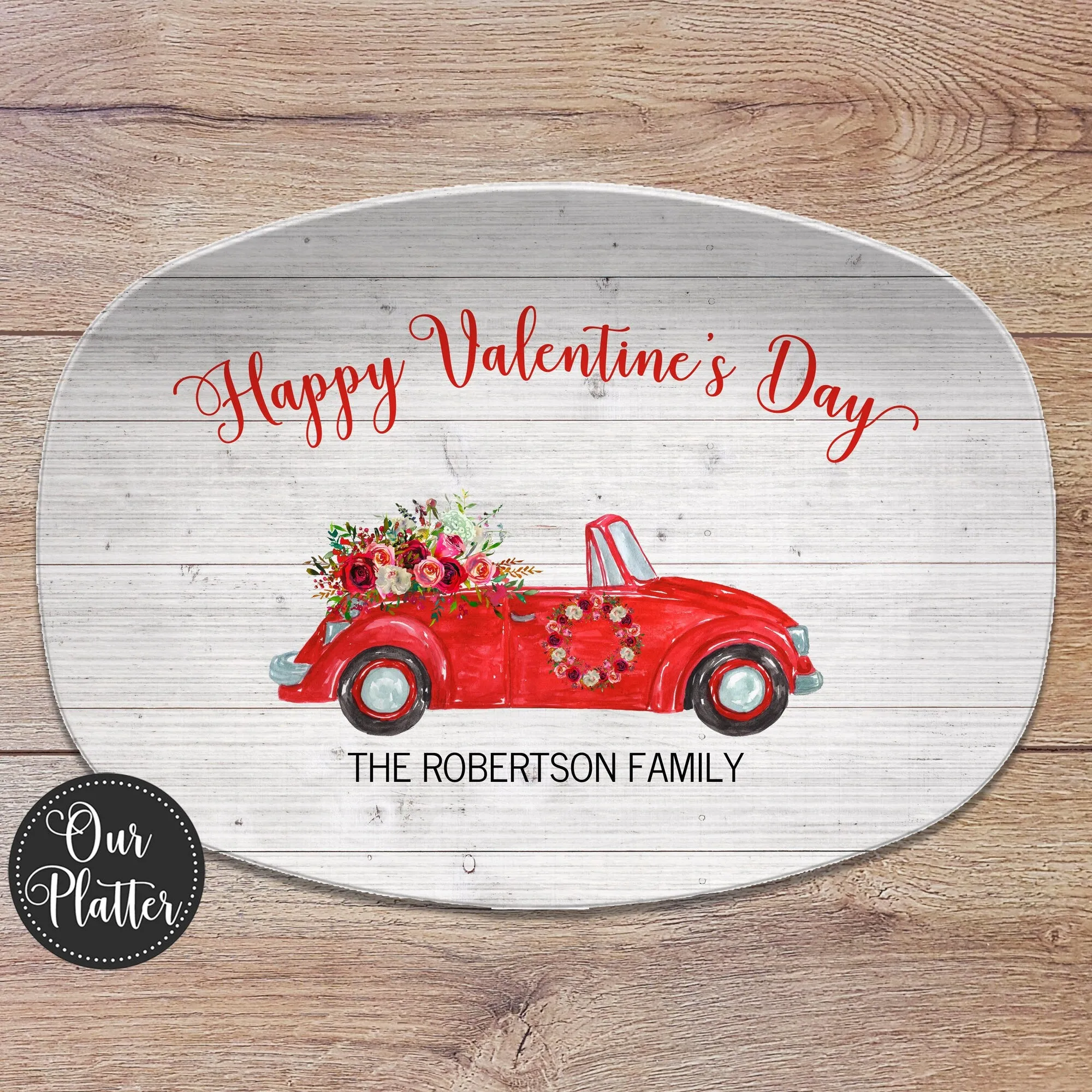 Valentine Floral Vintage Car Personalized Platter