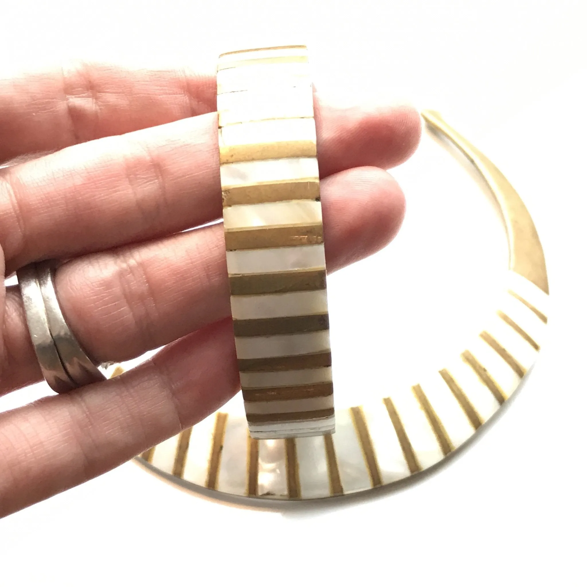 Vintage Brass and Mother of Pearl Collar Choker and Bangle Bracelet.