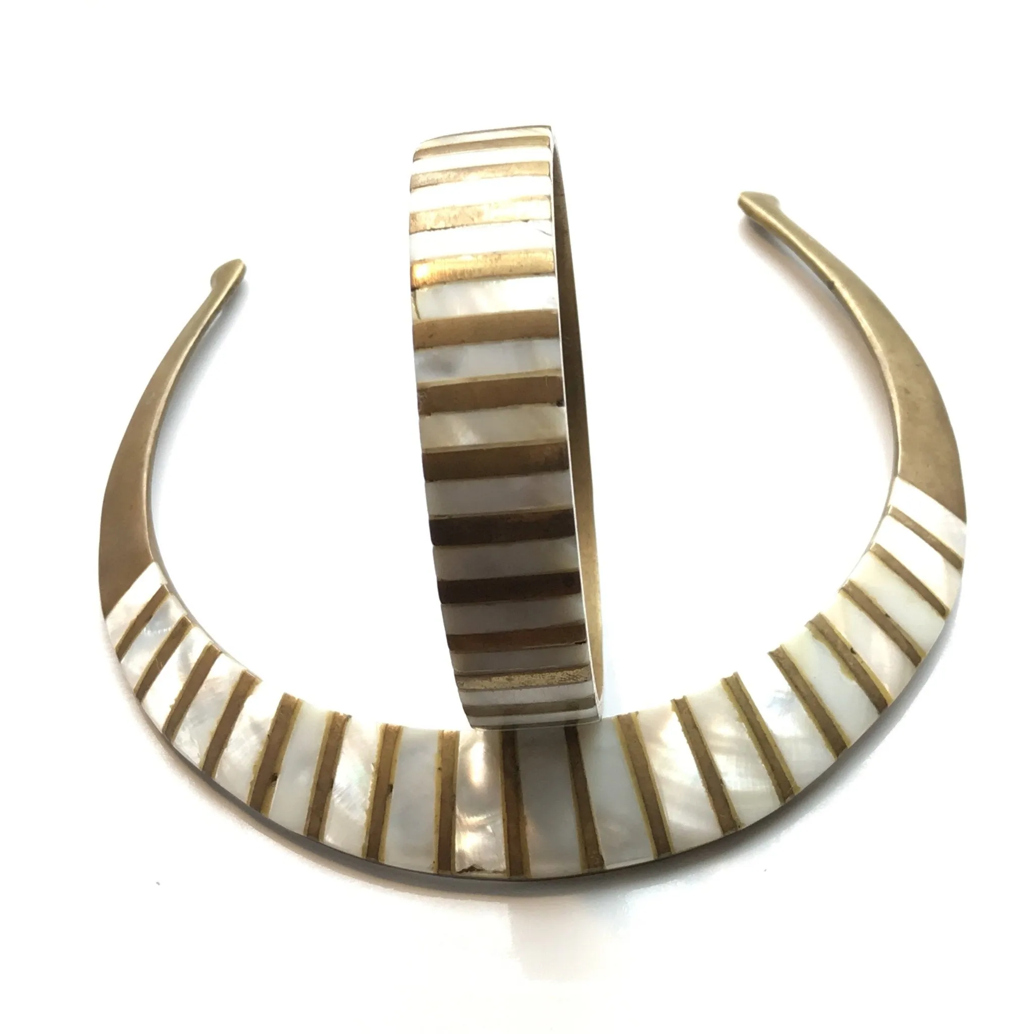 Vintage Brass and Mother of Pearl Collar Choker and Bangle Bracelet.