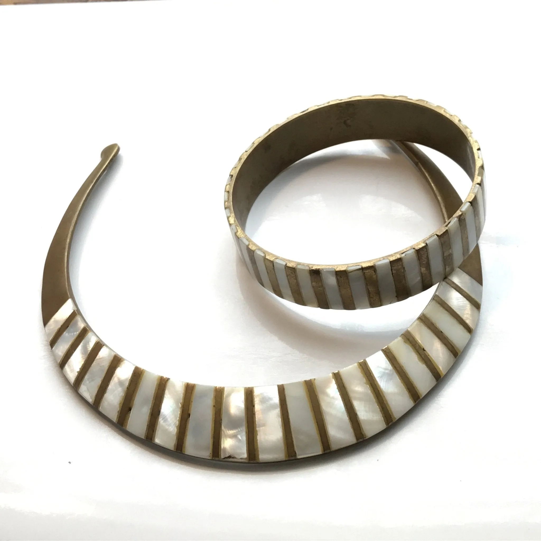 Vintage Brass and Mother of Pearl Collar Choker and Bangle Bracelet.