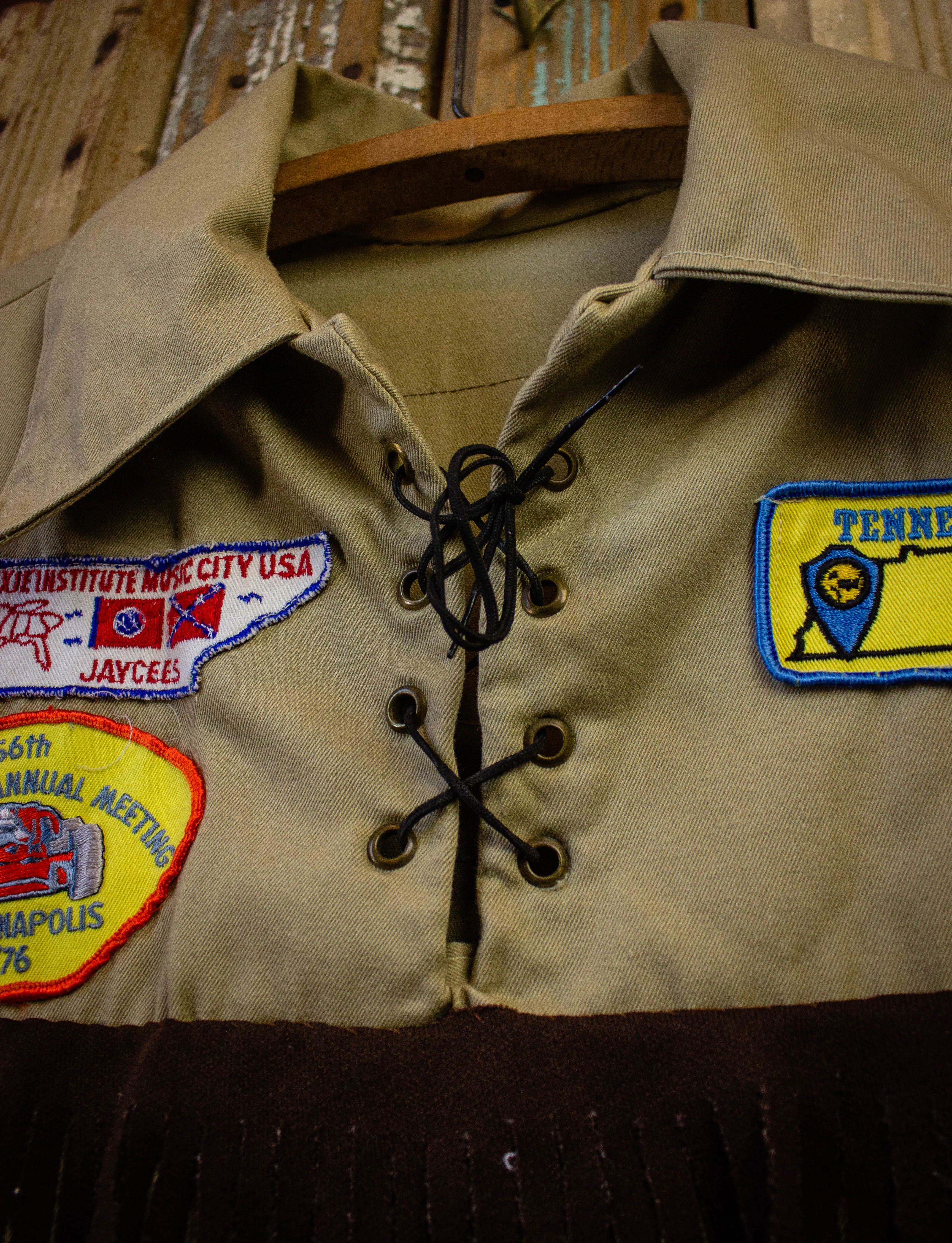 Vintage Tan Pullover Shirt With Fringe and Patches 70s XL