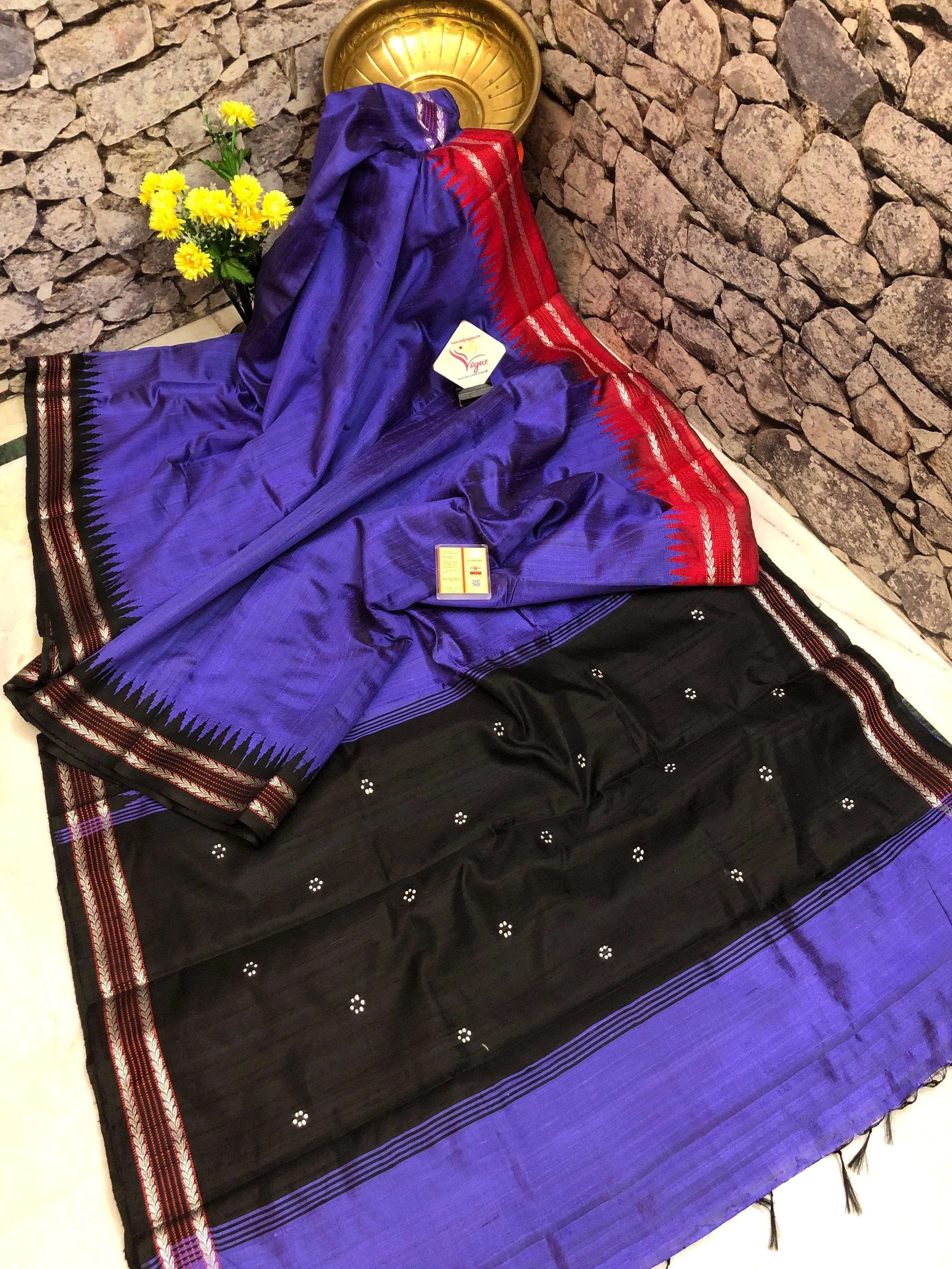 Violet and Black Color Pure Raw Silk Saree with Ganga Jamuna Style Vidarbha Border