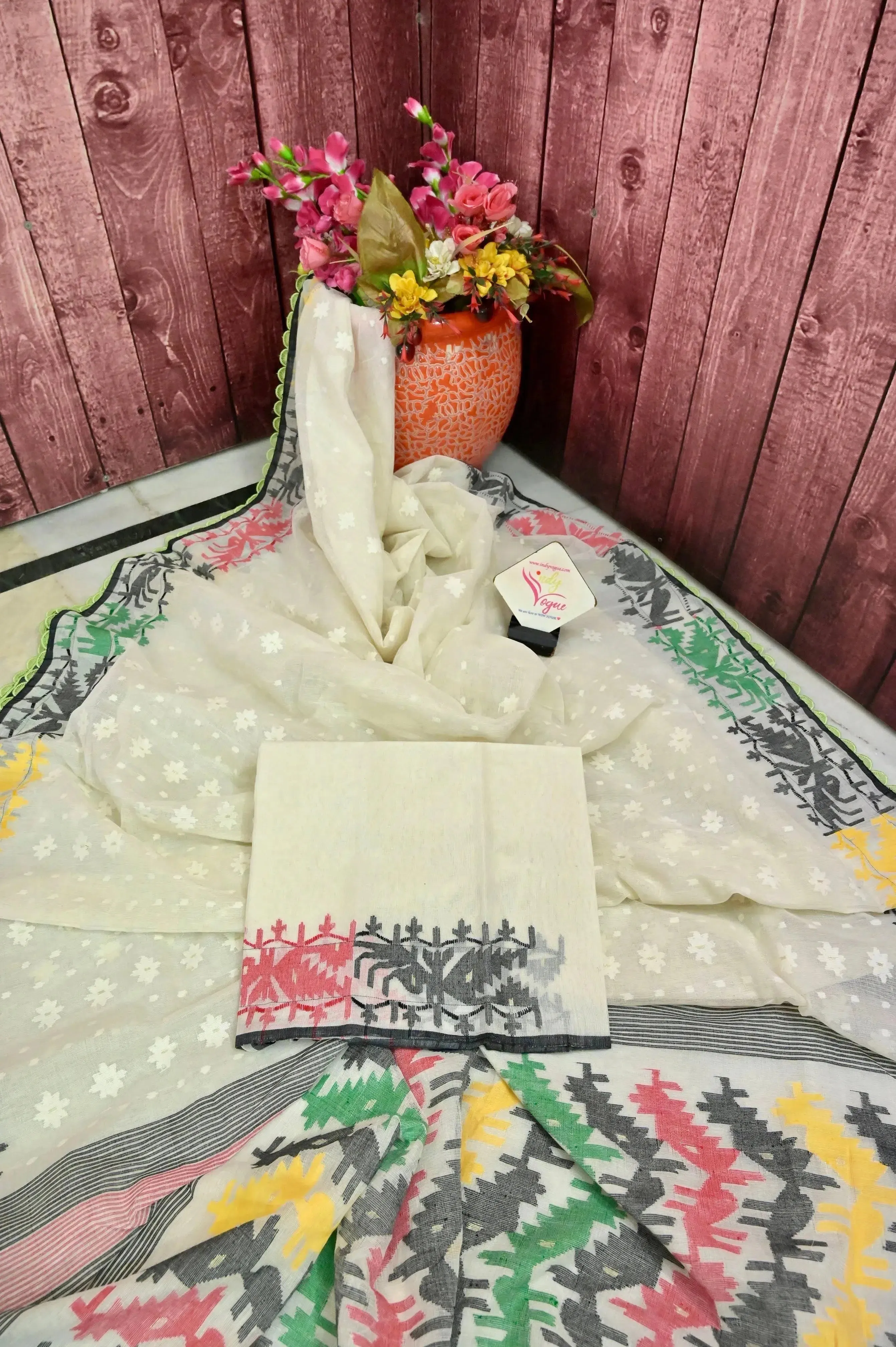 White and Multicolored  Bordered Pure Bangaladesh Dhakai Jamdani Saree