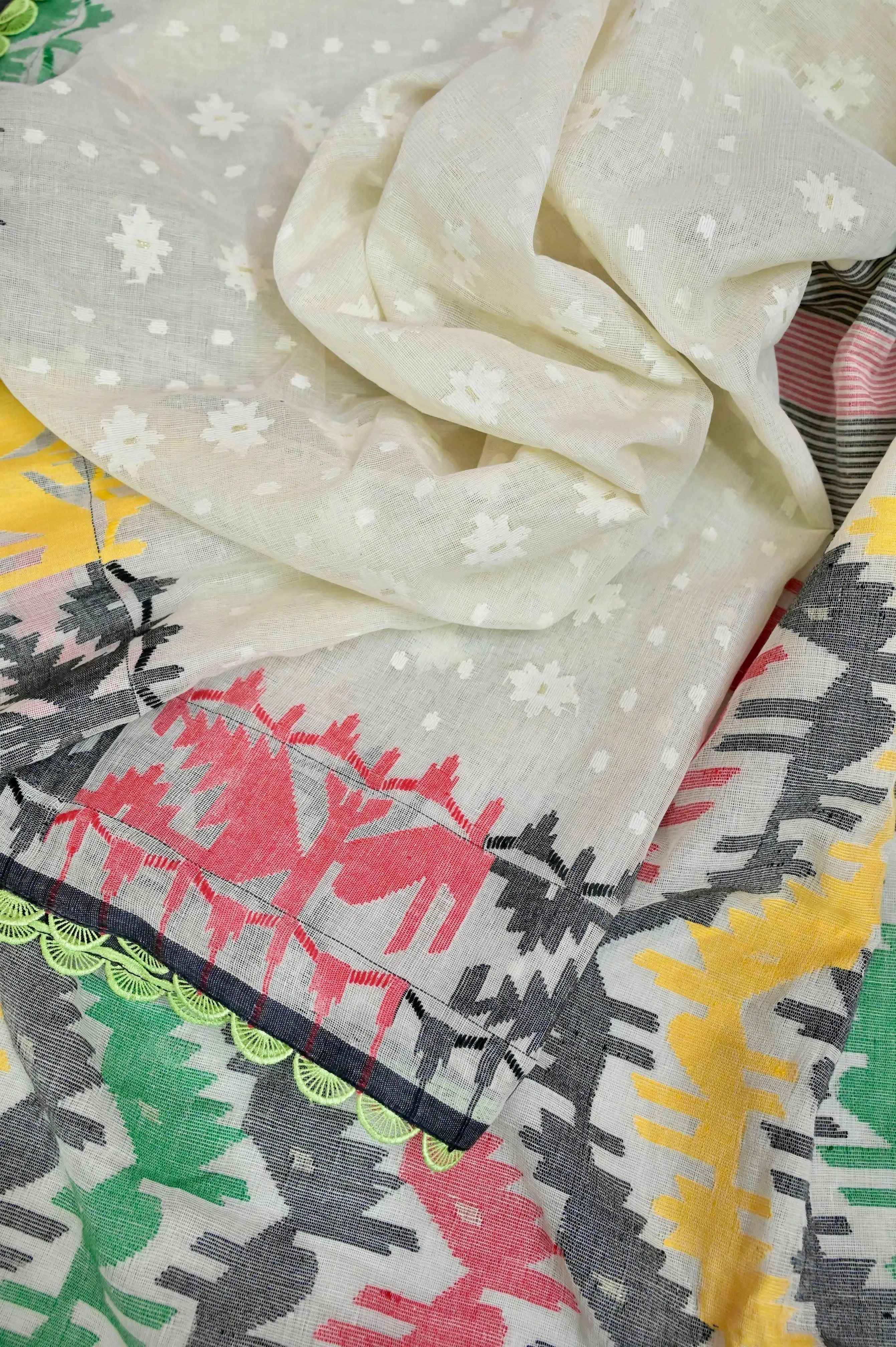 White and Multicolored  Bordered Pure Bangaladesh Dhakai Jamdani Saree