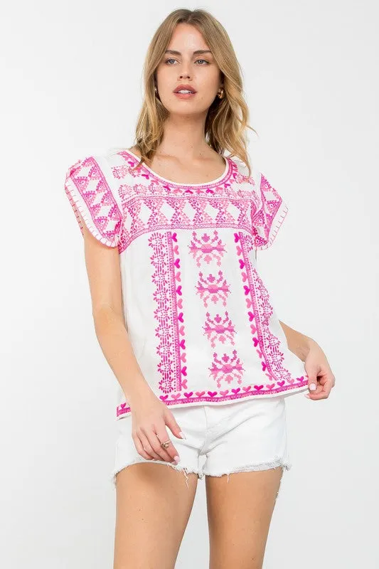 White and Pink Embroidered Top