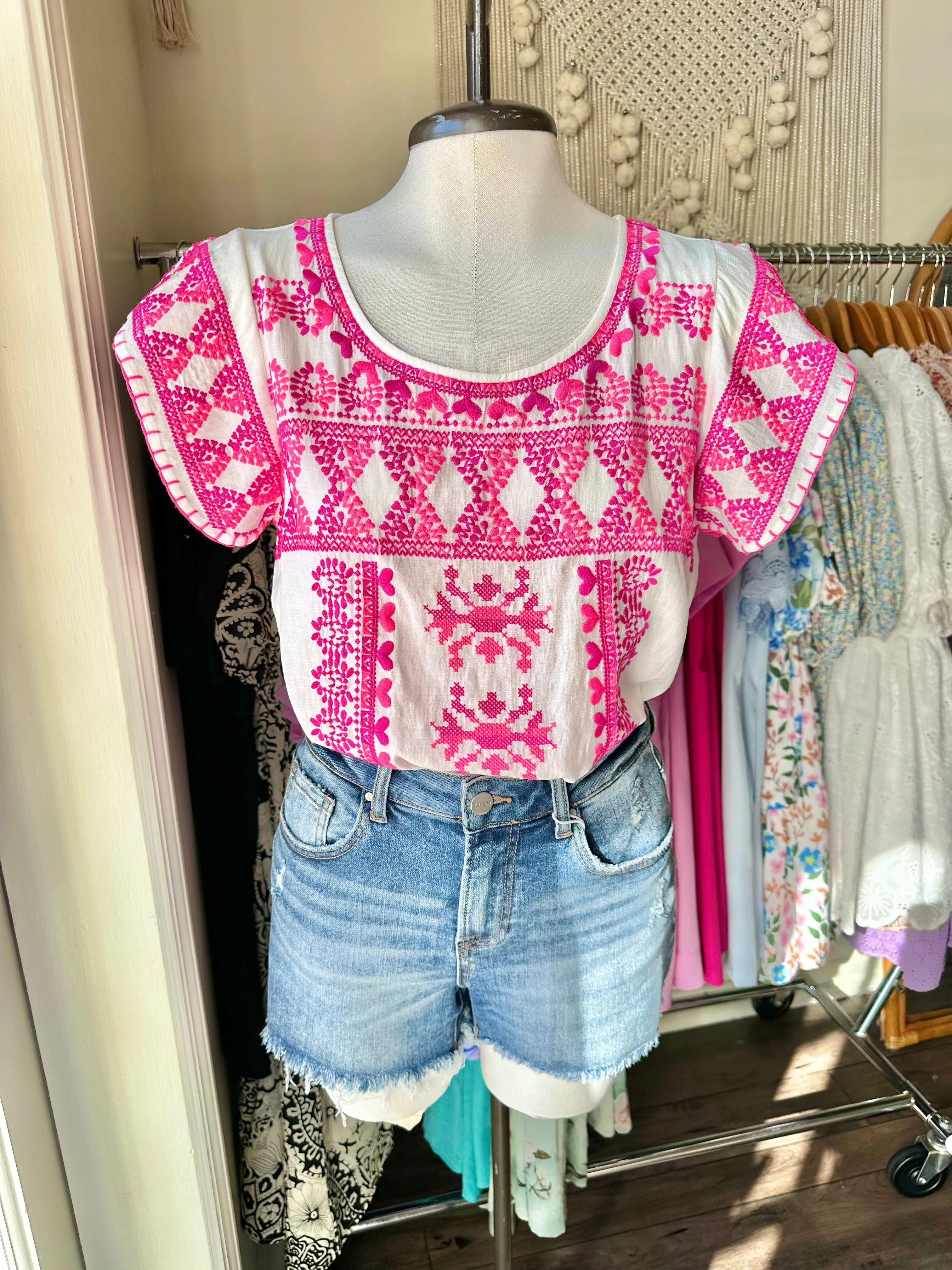 White and Pink Embroidered Top