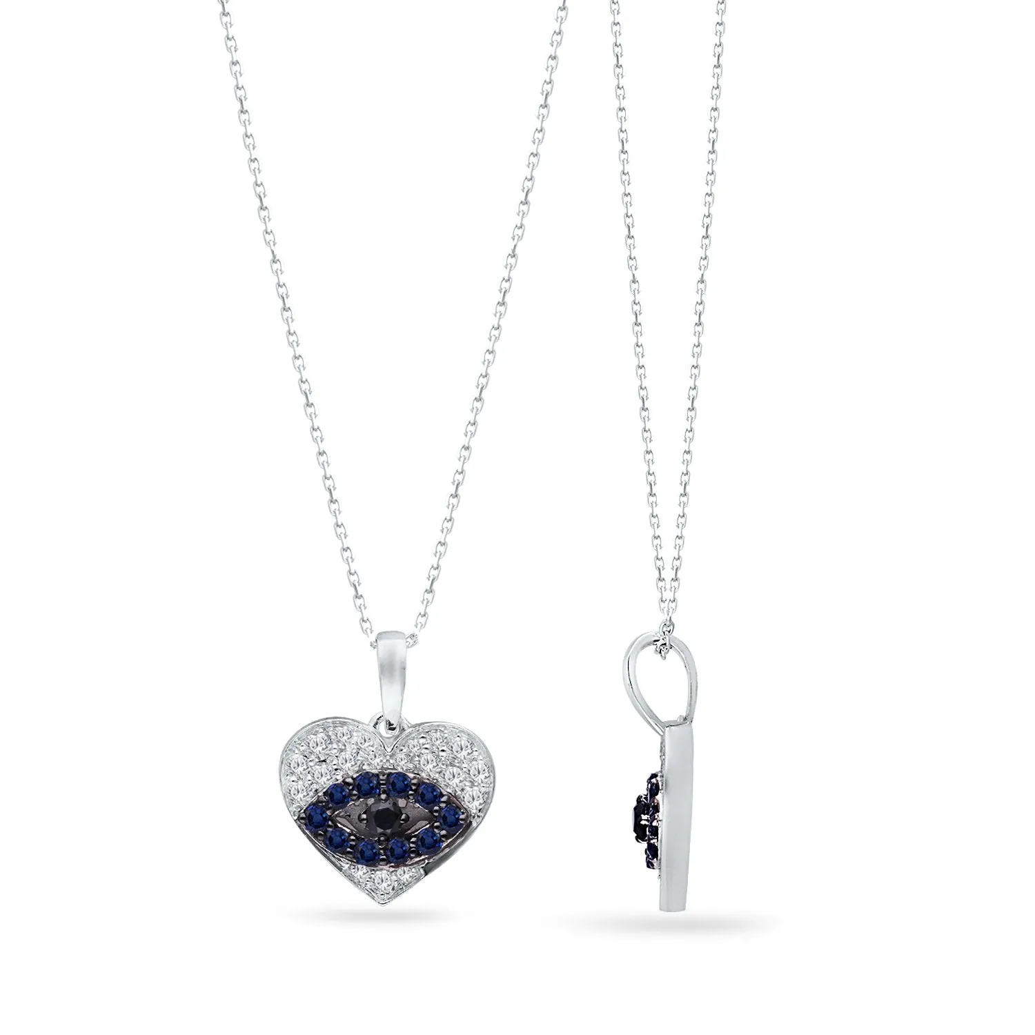 White Gold Sapphire & Diamond Evil Eye Heart Pendant