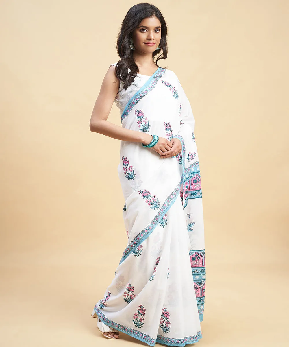 White pink cotton hand block sanganeri printed saree