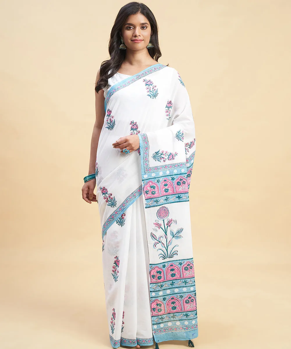 White pink cotton hand block sanganeri printed saree