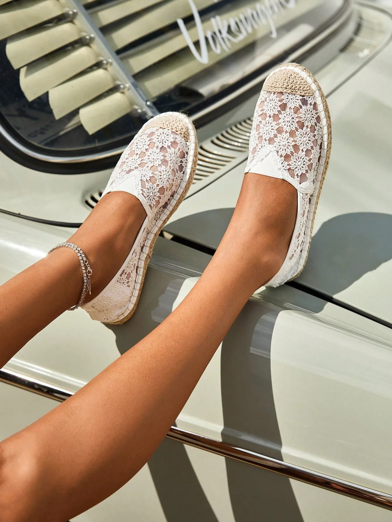 Women Shoes Lace Panel Slip On Espadrille Lightweight Vacation White Outdoor Flats